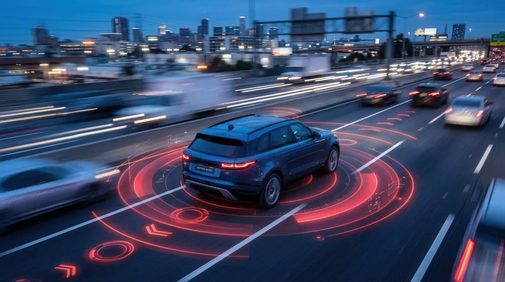 Autonomous vehicle using sensor technology while traveling on a busy city highway at dusk.