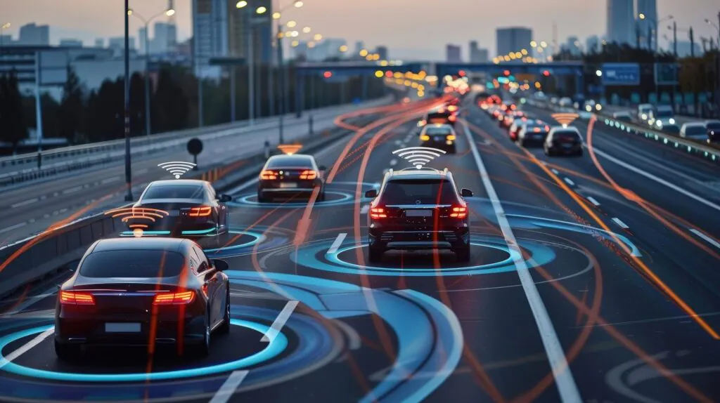 Autonomous vehicles travel on a multi-lane highway with digital sensor and connectivity overlays illustrating self-driving technology, traffic awareness, and vehicle-to-vehicle communication.
