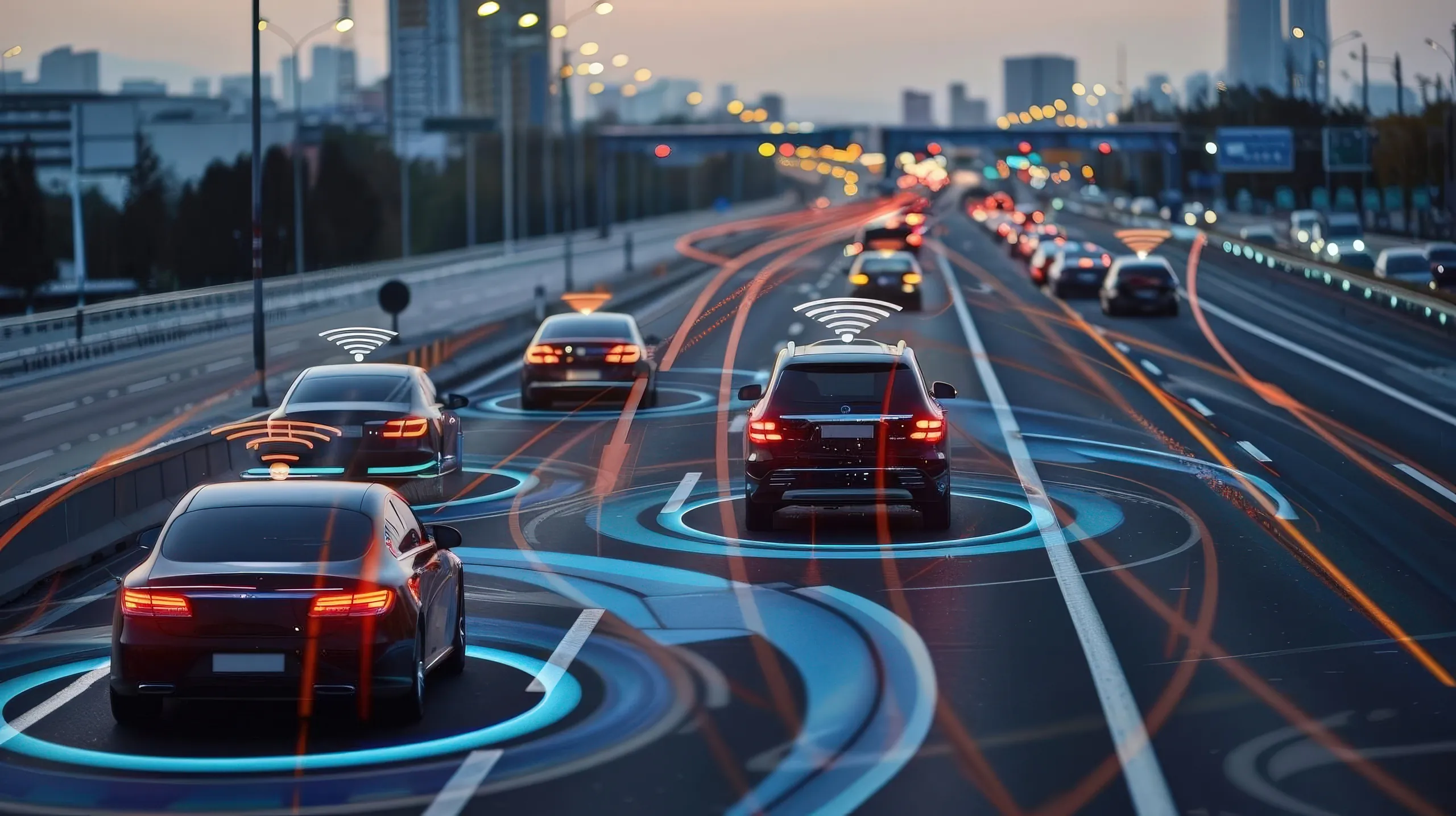 Autonomous vehicles travel on a multi-lane highway with digital sensor and connectivity overlays illustrating self-driving technology, traffic awareness, and vehicle-to-vehicle communication.