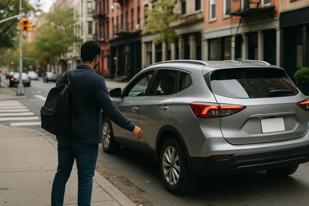 Passenger meeting a rideshare vehicle at a curb in New York State