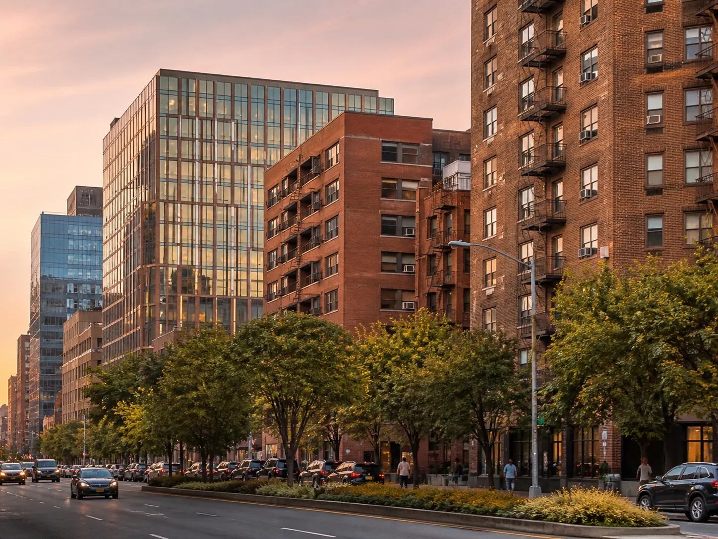 Broad avenue with brick apartment buildings in Elmhurst, Queens, New York