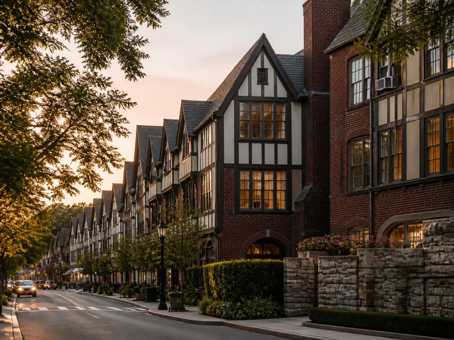 Tudor-style architecture and leafy streets in Forest Hills, Queens, New York