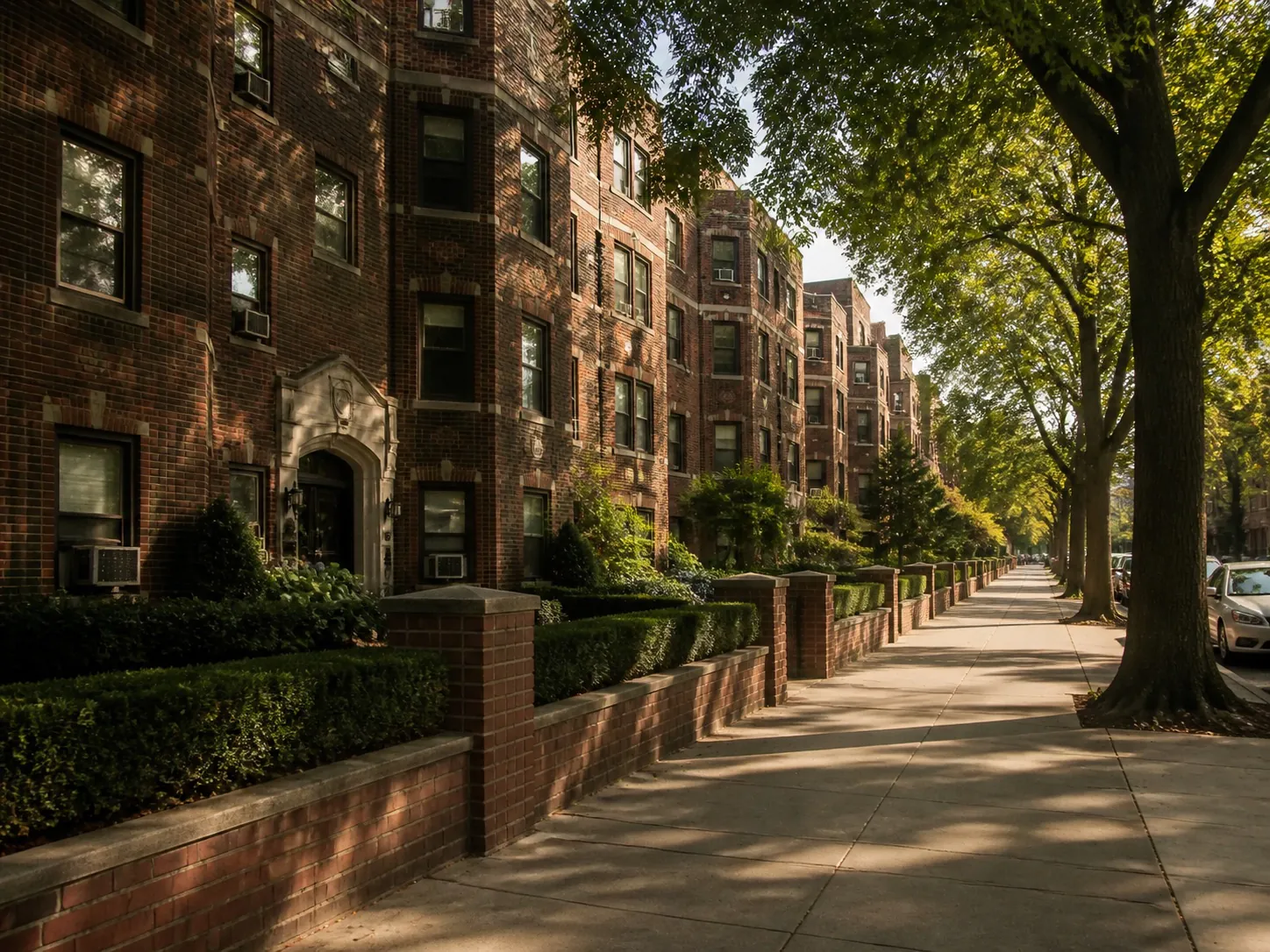 Prewar brick garden apartments in Jackson Heights, Queens, New York