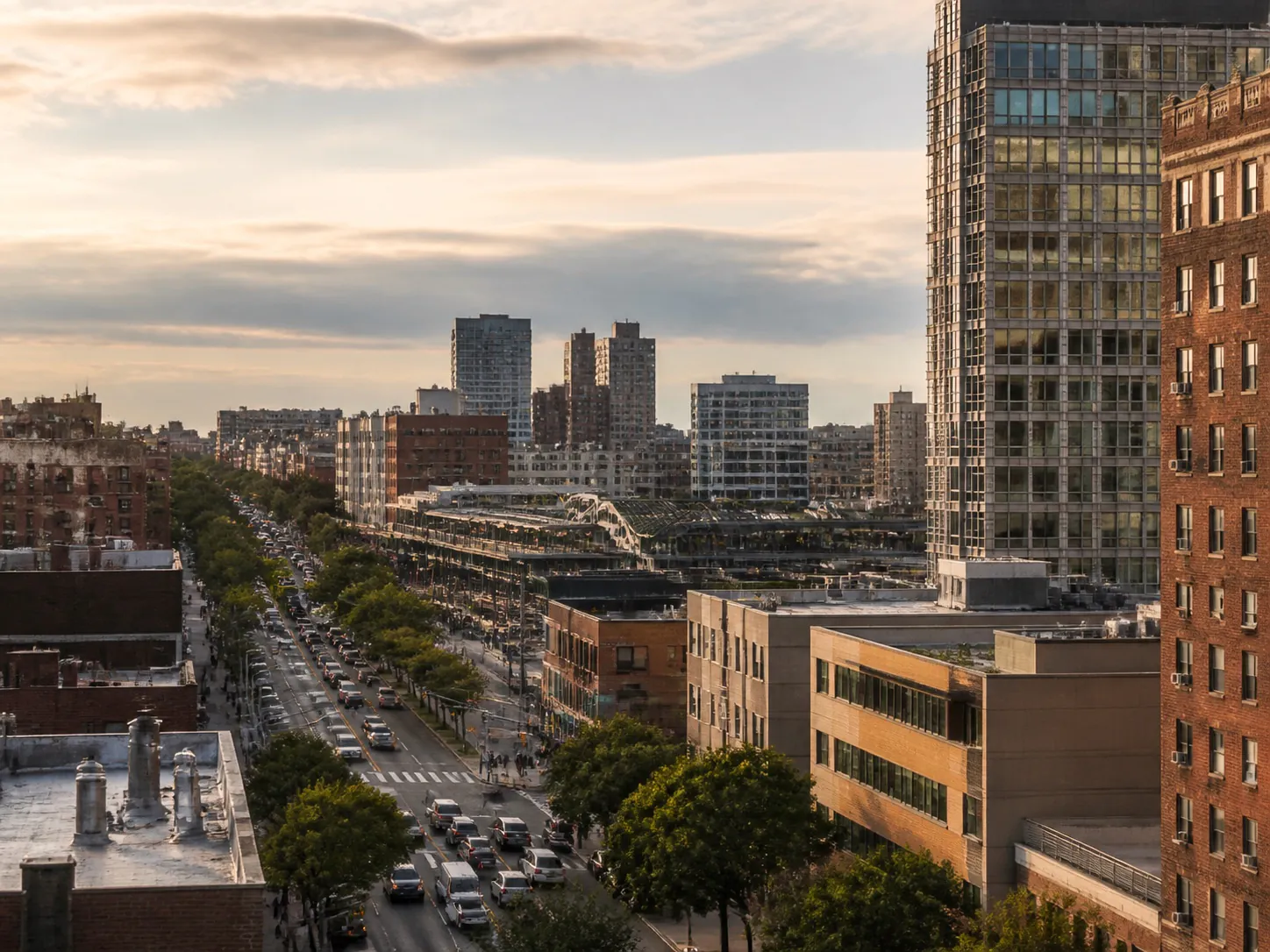 Urban streetscape near the transit hub in Jamaica, Queens, New York