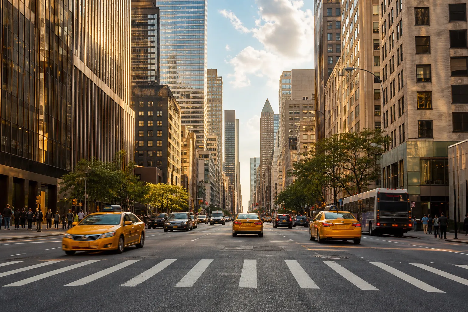Manhattan avenue with crosswalks, high-rise buildings, and city traffic