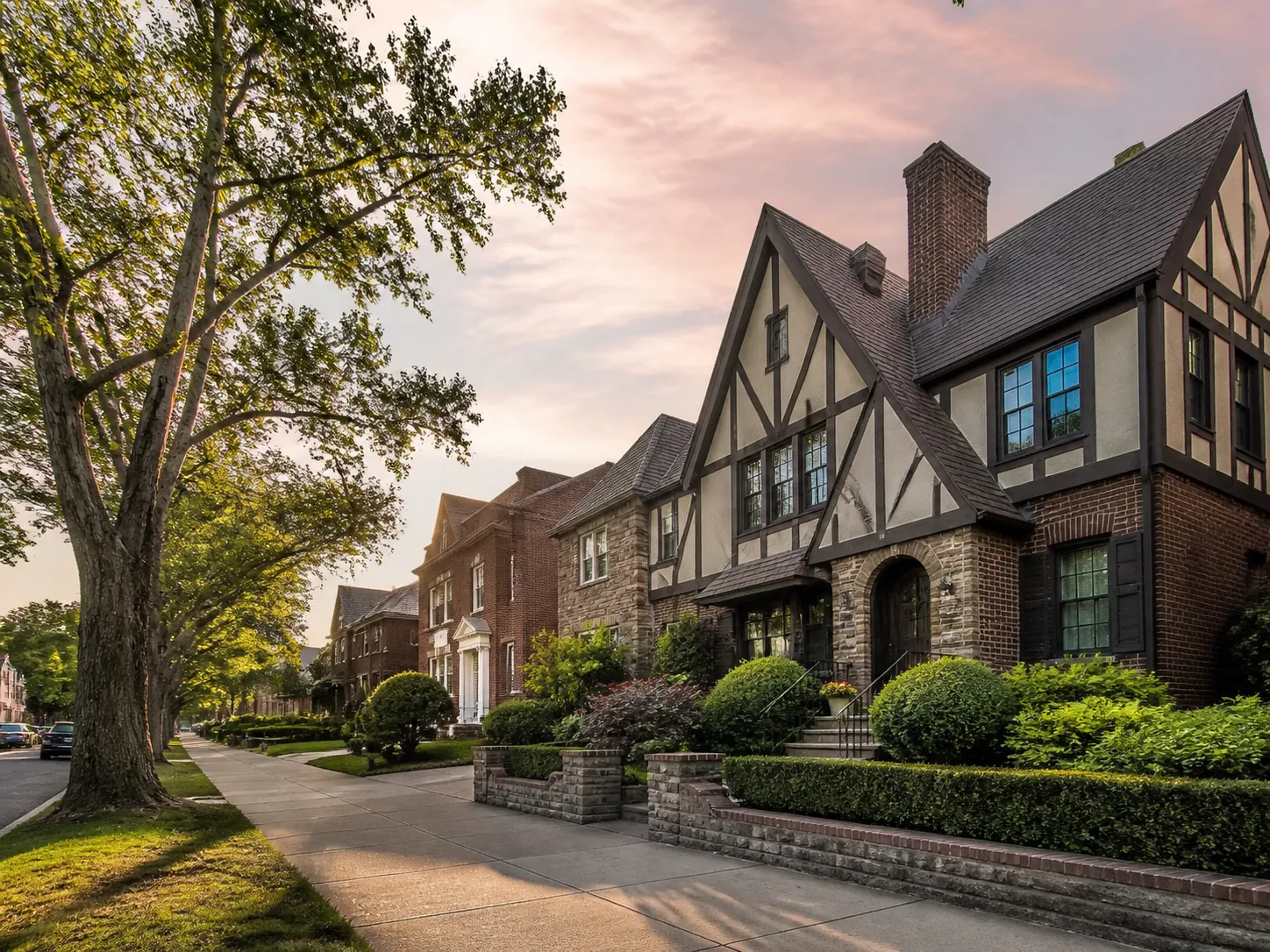 Residential streets and Tudor-style homes in Murray Hill–Broadway Flushing, Queens, New York