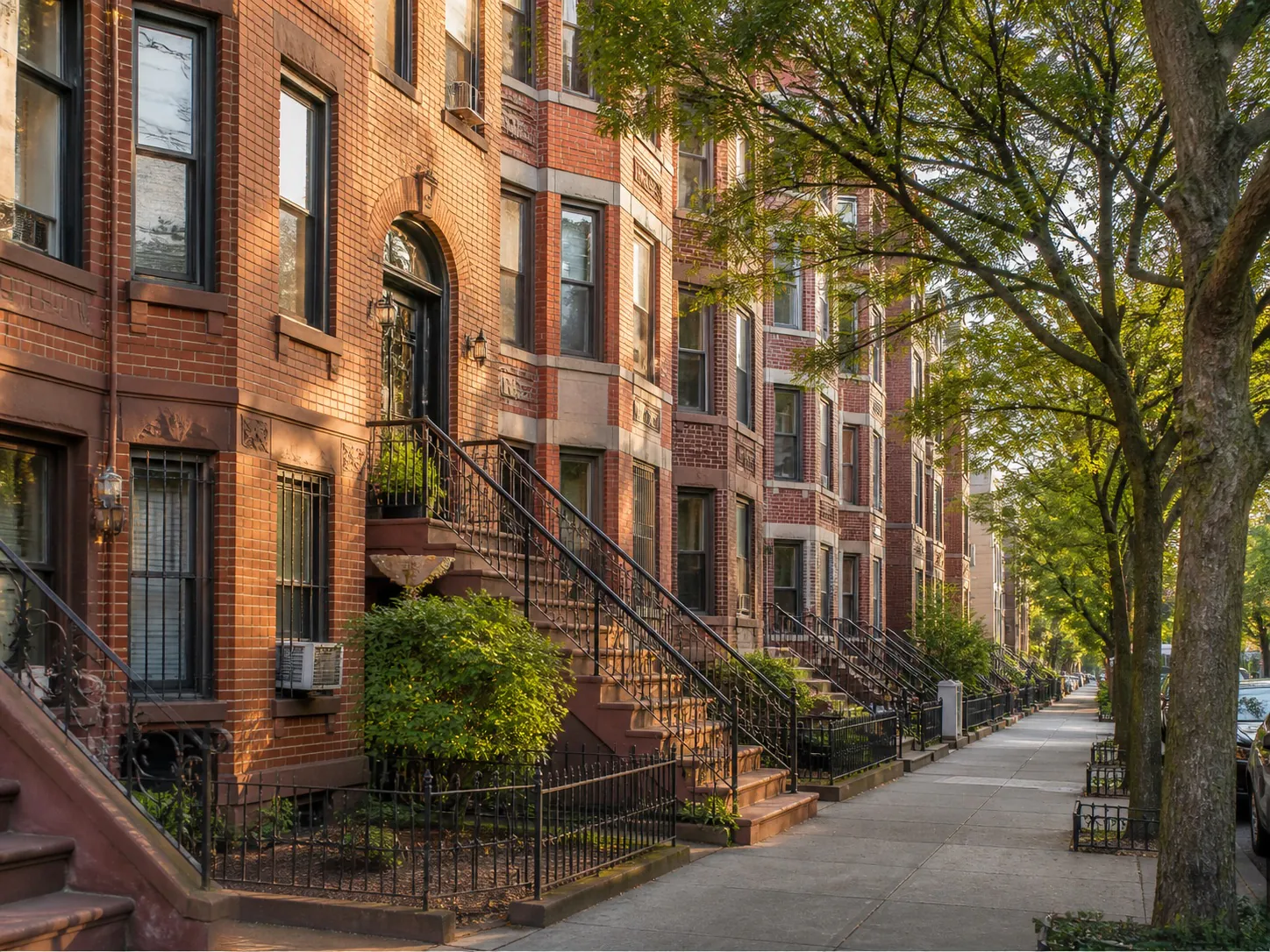 Historic brick row houses along a residential street in Ridgewood, Queens, New York