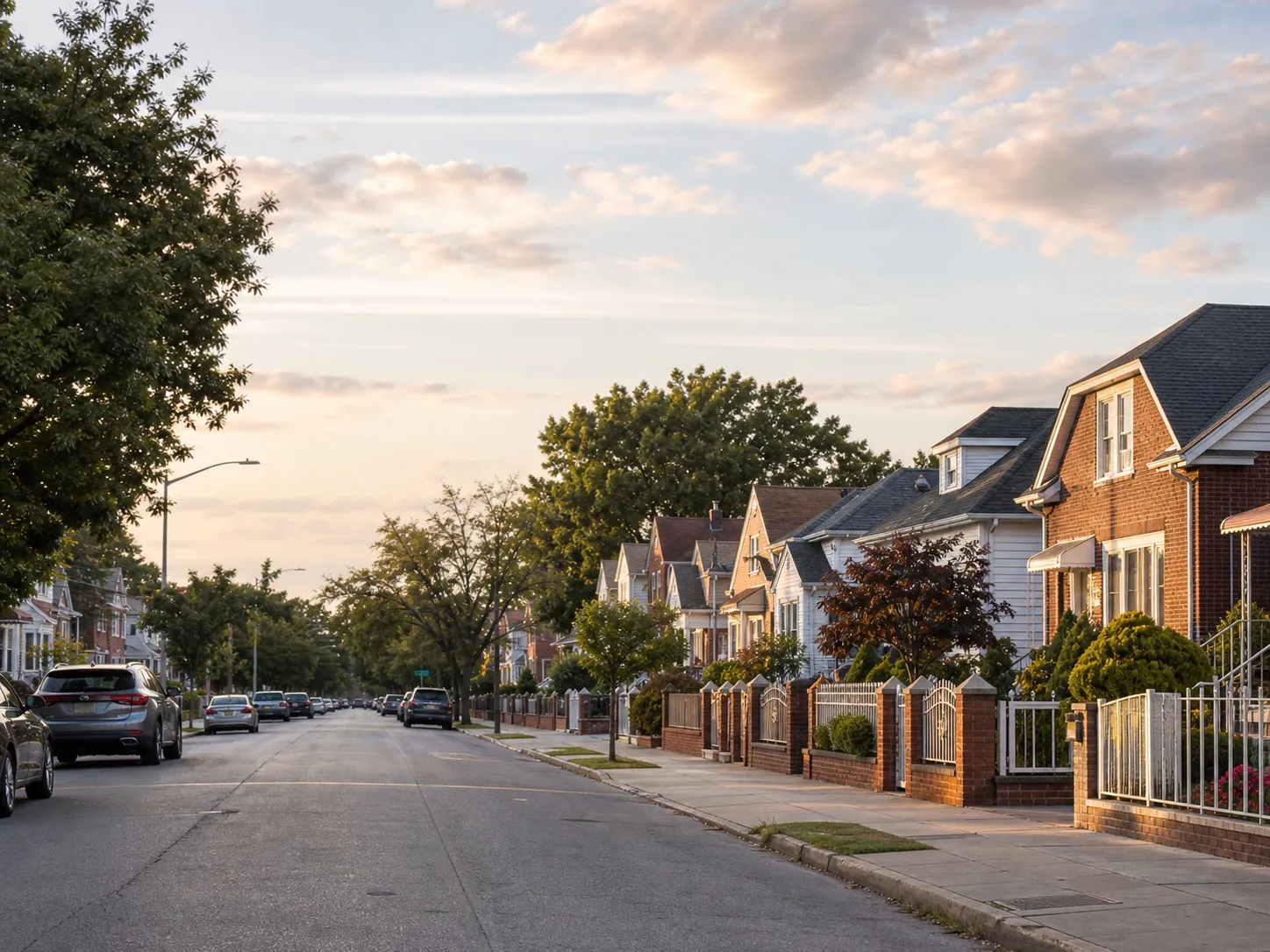 Tree-lined residential street with detached homes in South Ozone Park, Queens, New York