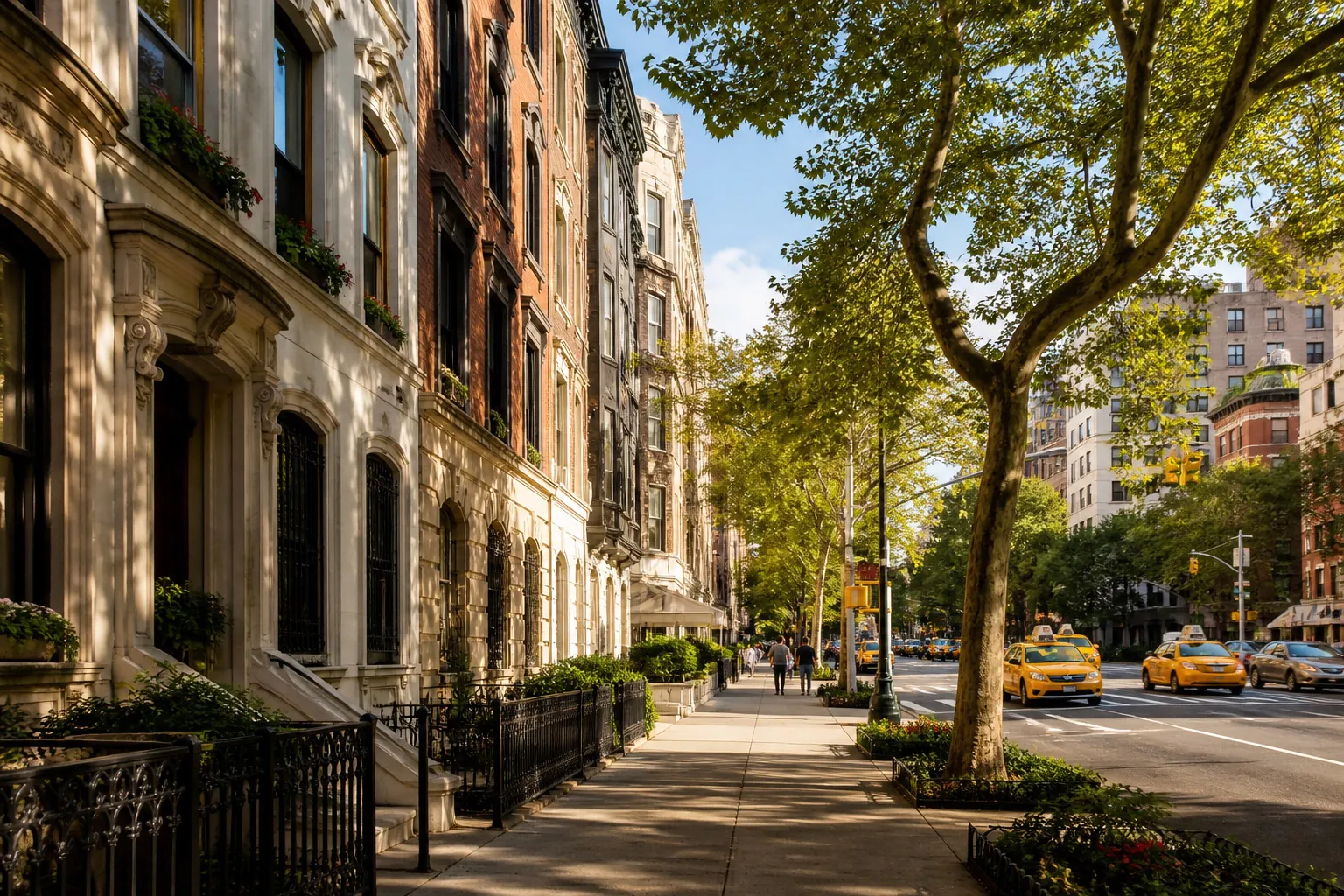 Tree-lined Upper East Side street with townhouses and New York City traffic