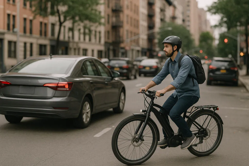 Cyclist sharing a street with nearby vehicles in New York State