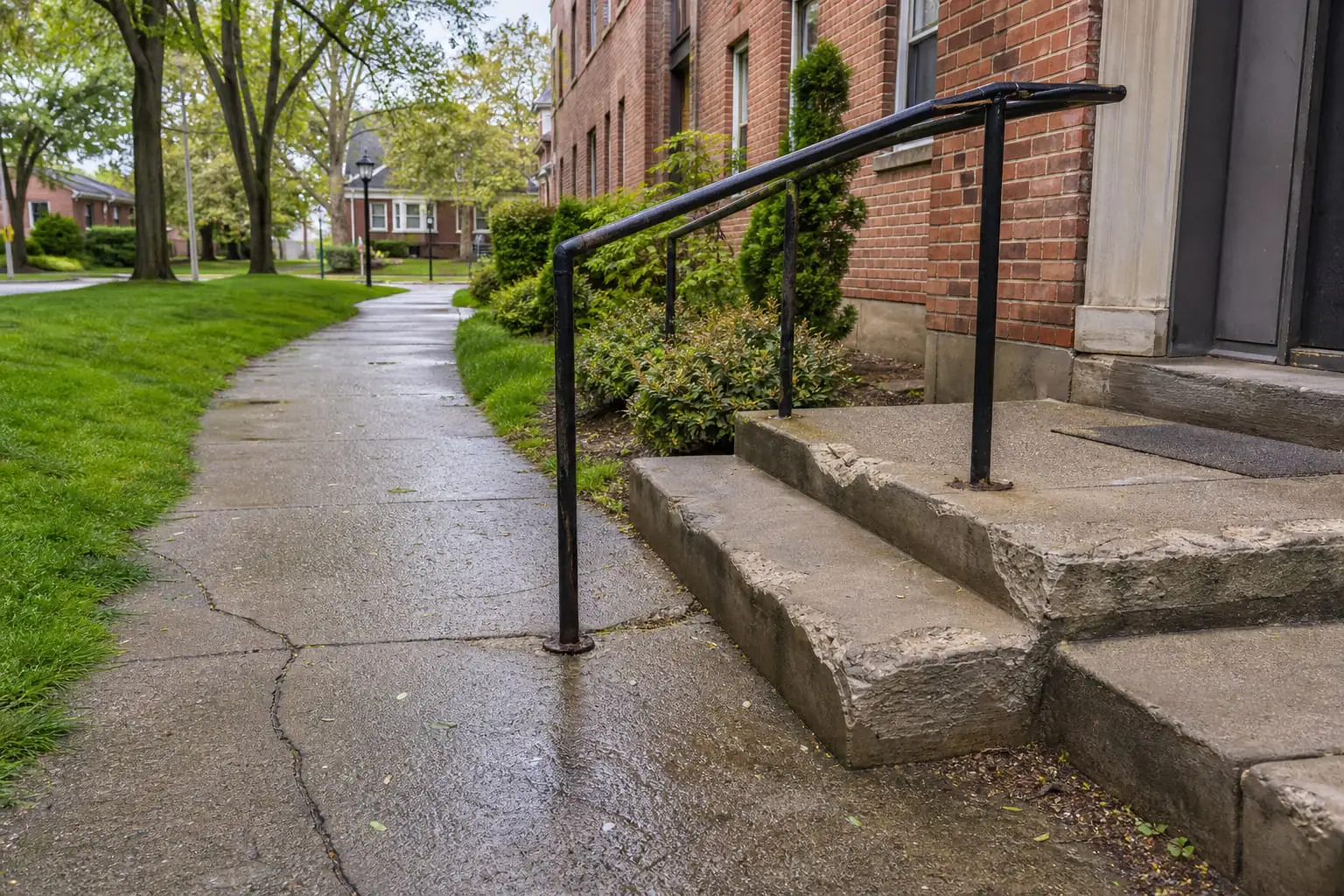 Chipped entrance steps and wet paving beside low-rise homes, illustrating a Spring Valley NY fall hazard.