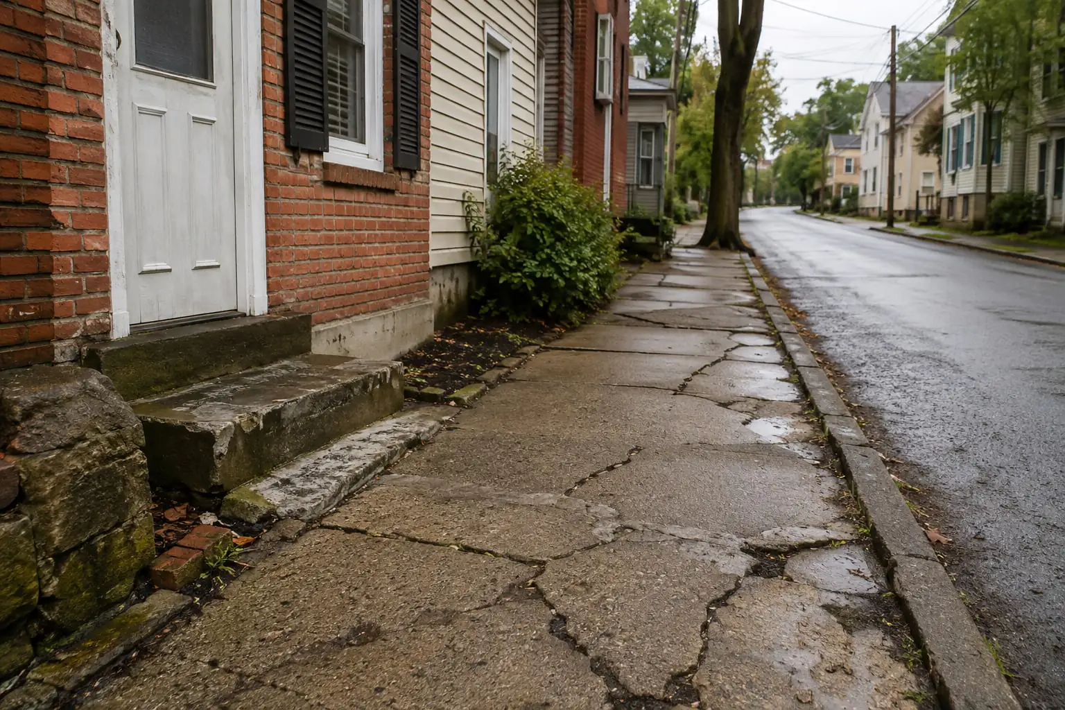 Cracked sidewalk and worn entrance steps beside village buildings, illustrating a Haverstraw NY fall hazard.