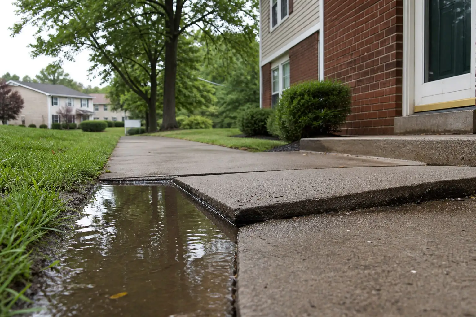 Uneven sidewalk and a rain puddle beside a suburban building, illustrating a Rockland County NY fall hazard.