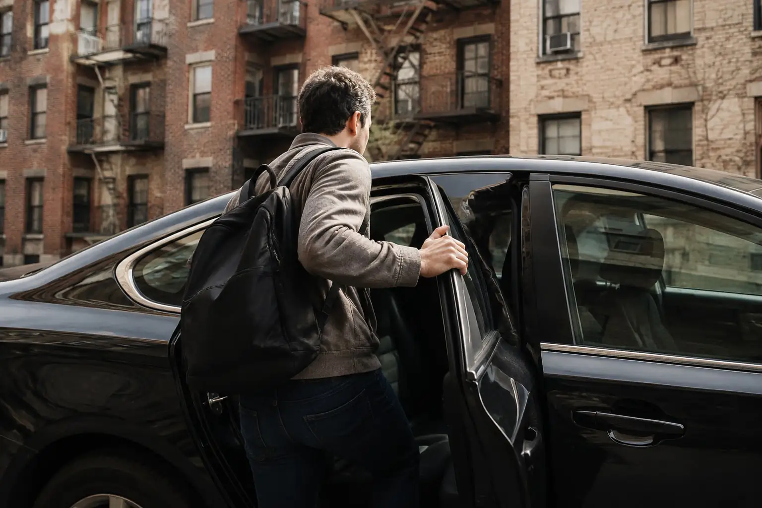 Passenger entering a sedan beside dense brick apartments, illustrating a Fordham NY rideshare pickup.