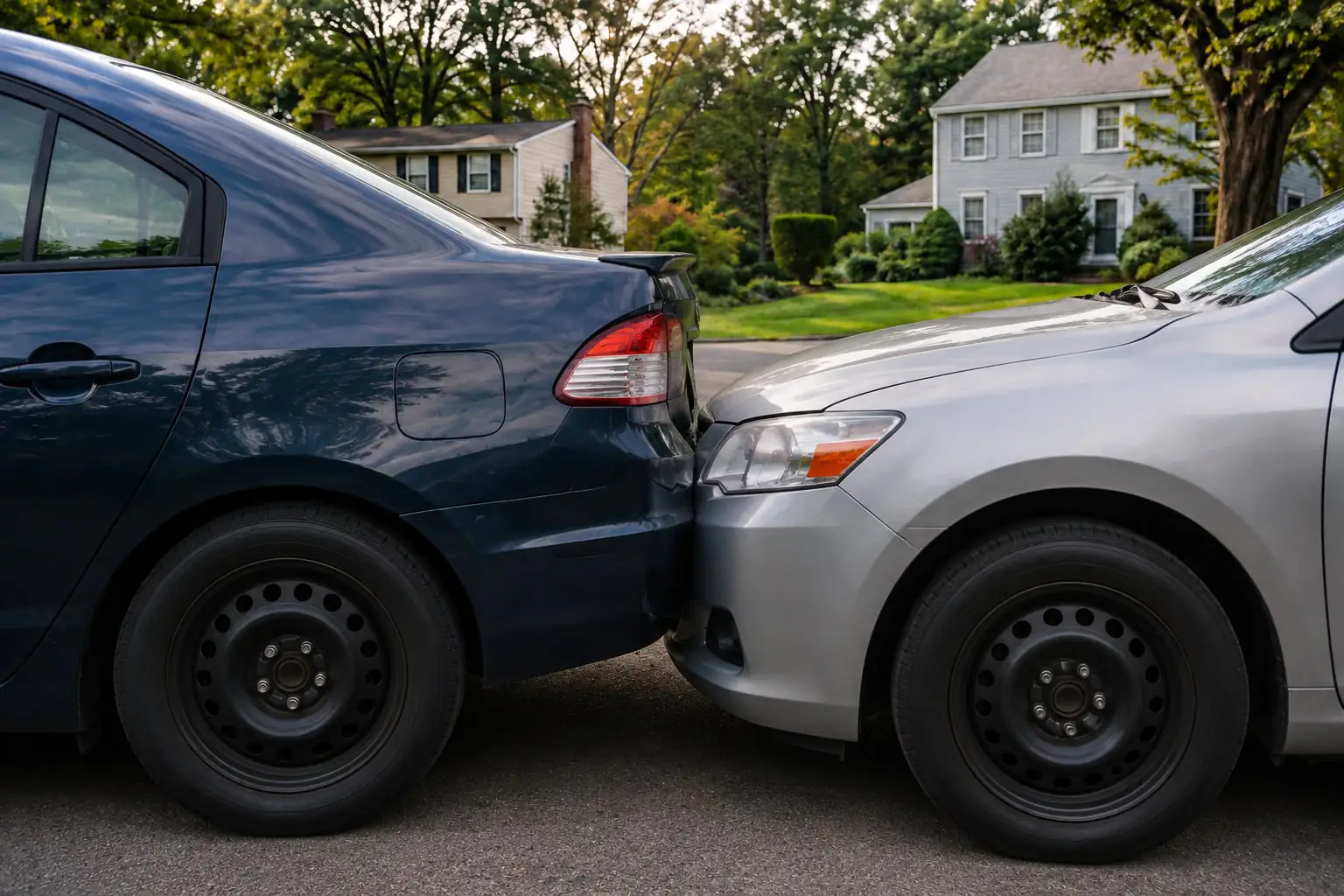 Two sedans after a rear-end collision on a leafy suburban street, illustrating a Clarkstown NY car accident.