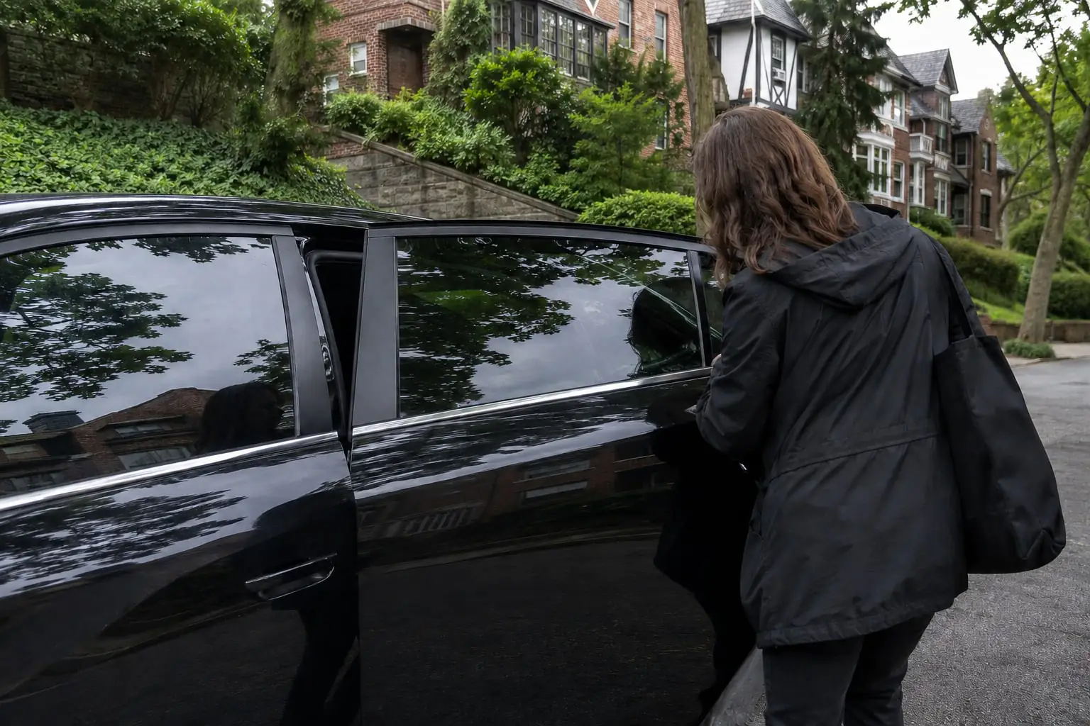 Passenger entering a sedan beside Tudor-style homes and a stone wall, illustrating a Riverdale NY rideshare pickup.