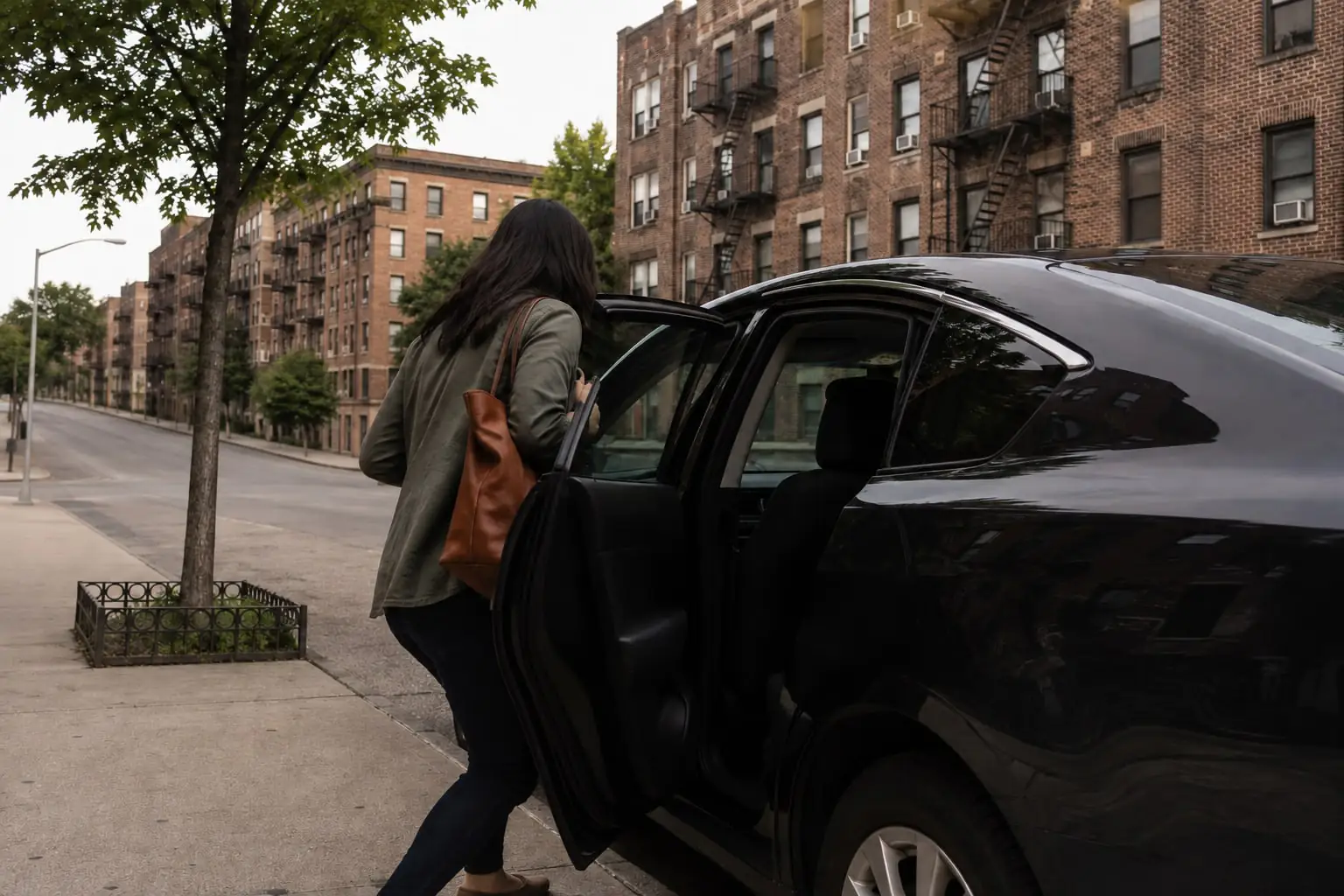 Passenger entering a sedan beside brick apartments and fire escapes, illustrating a Kingsbridge NY rideshare pickup.