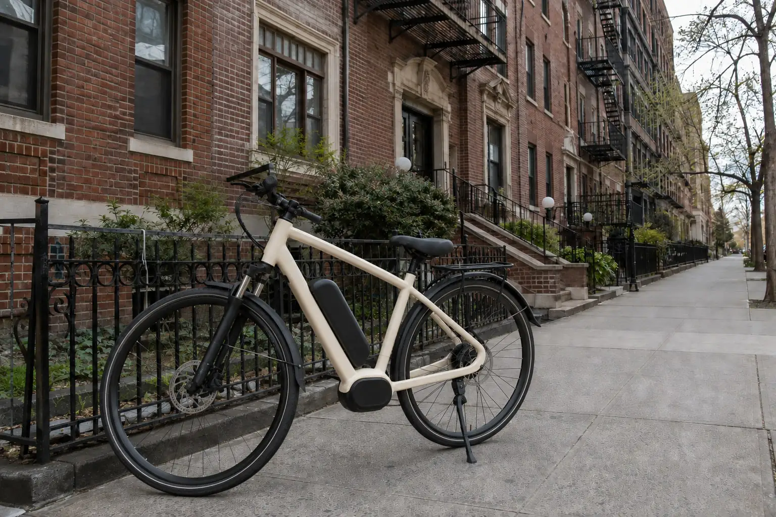 Electric-assist bicycle beside brick apartment entrances and fire escapes, illustrating Fordham NY.