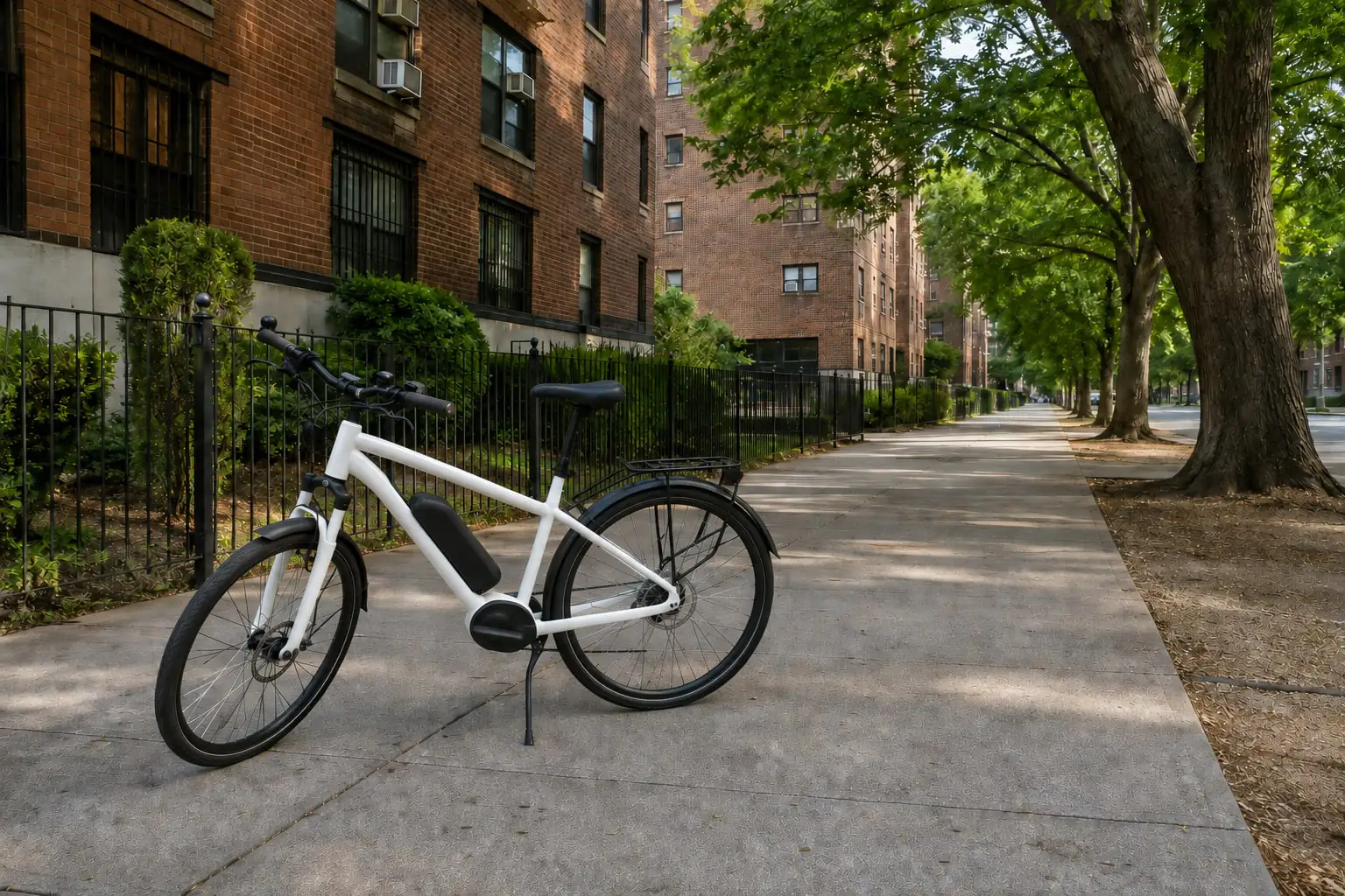 Electric-assist bicycle beside a tree-lined sidewalk and brick apartments, illustrating Soundview NY.