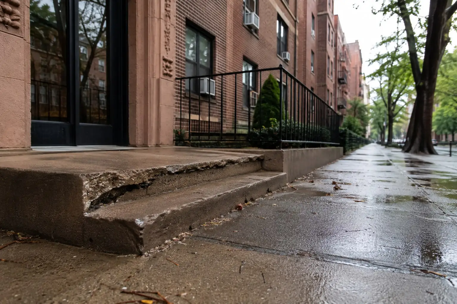 Chipped entrance steps and damp paving beside brick apartments, illustrating a Fordham NY fall hazard.