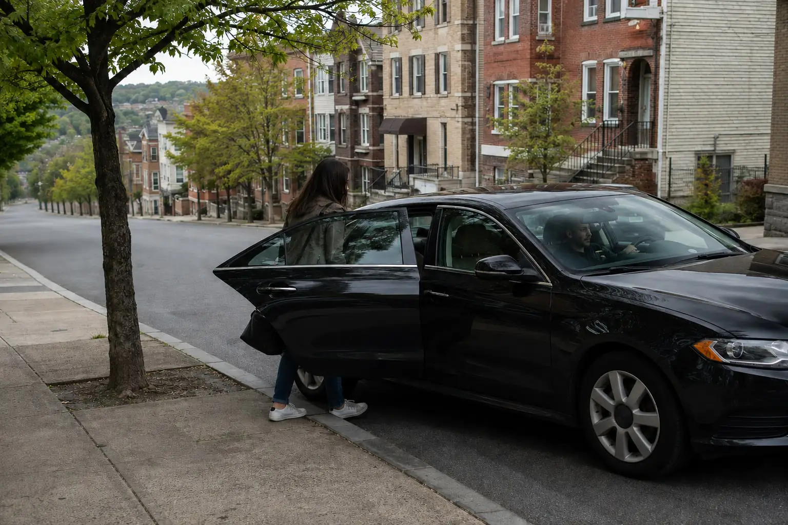 Passenger entering a sedan on a hilly residential street, illustrating a Yonkers NY rideshare pickup.