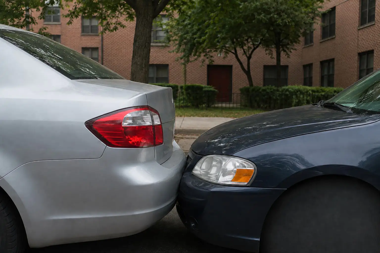 Two sedans after a rear-end collision beside brick apartments, illustrating a Soundview NY car accident.