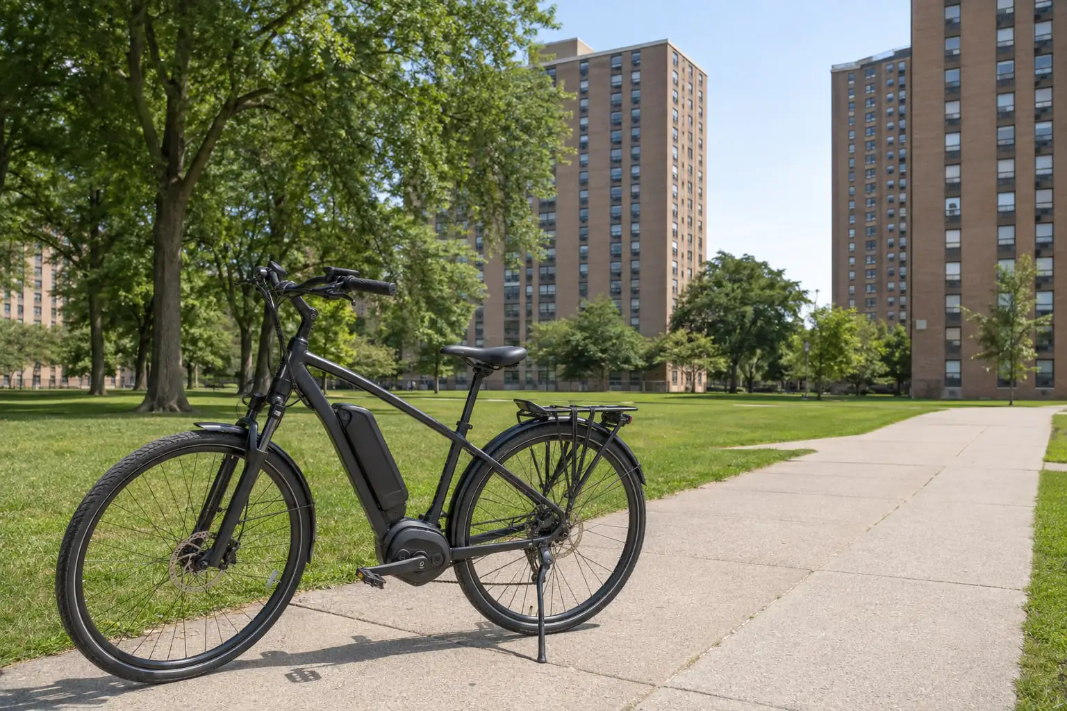 Electric-assist bicycle beside landscaped lawns and high-rise apartments, illustrating Co-op City NY.