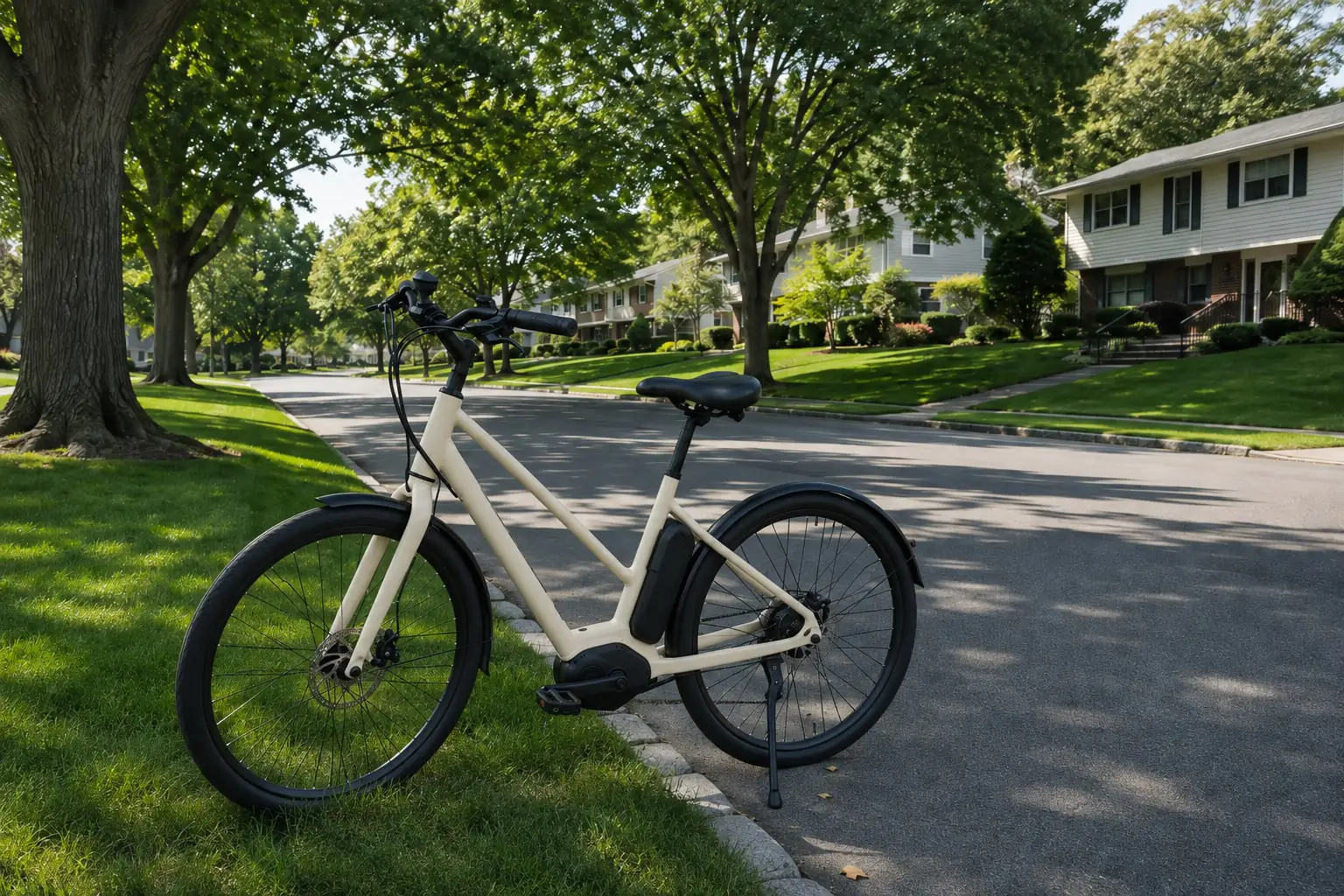 Electric-assist bicycle beside split-level homes and deep lawns, illustrating New City NY.