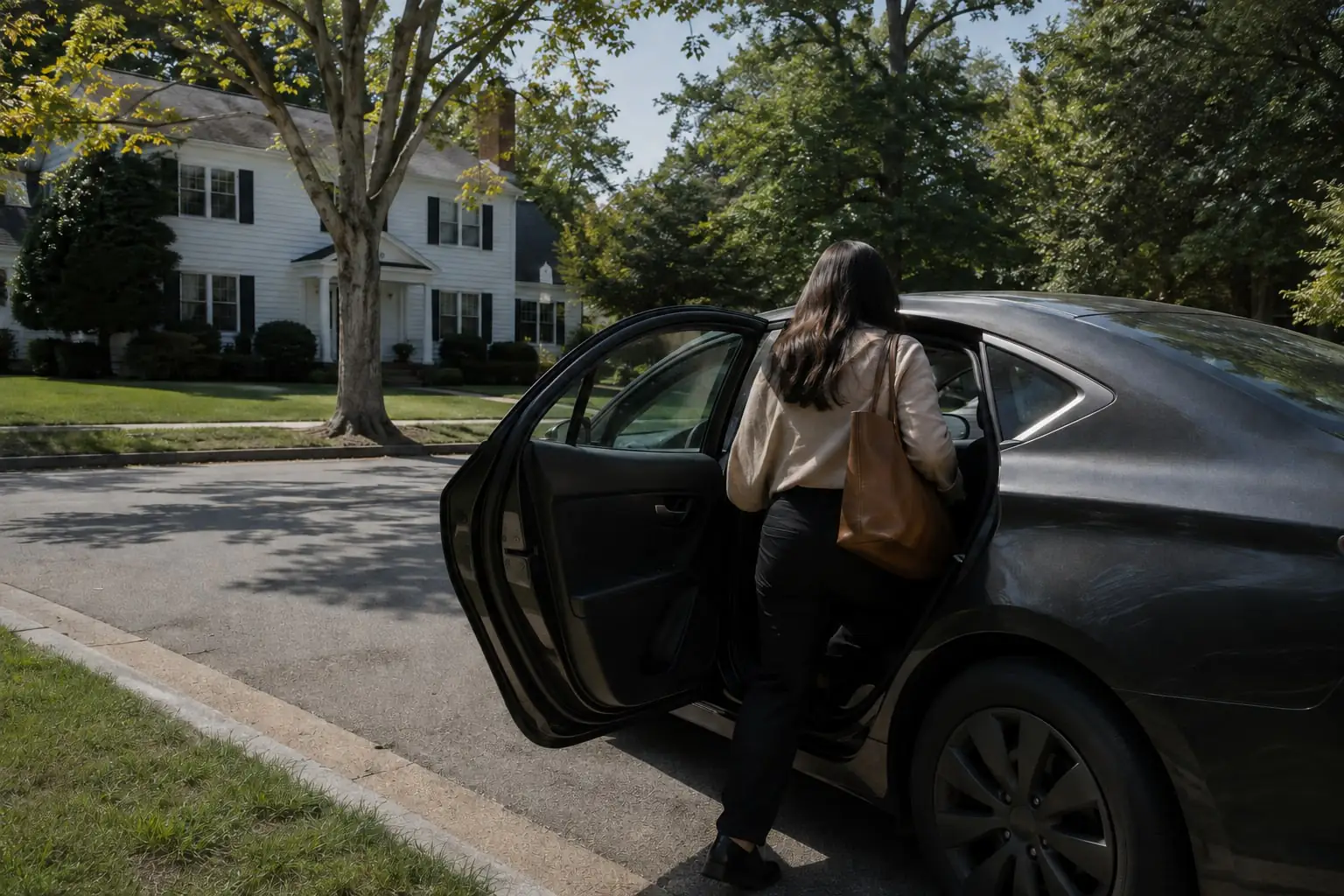 Passenger entering a sedan beside colonial homes and mature trees, illustrating a Clarkstown NY rideshare pickup.