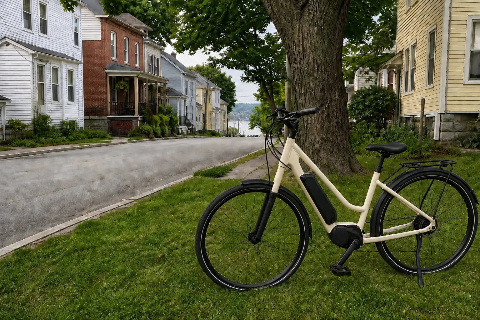 Electric-assist bicycle beside an older village street with clapboard and brick homes, illustrating Haverstraw NY.