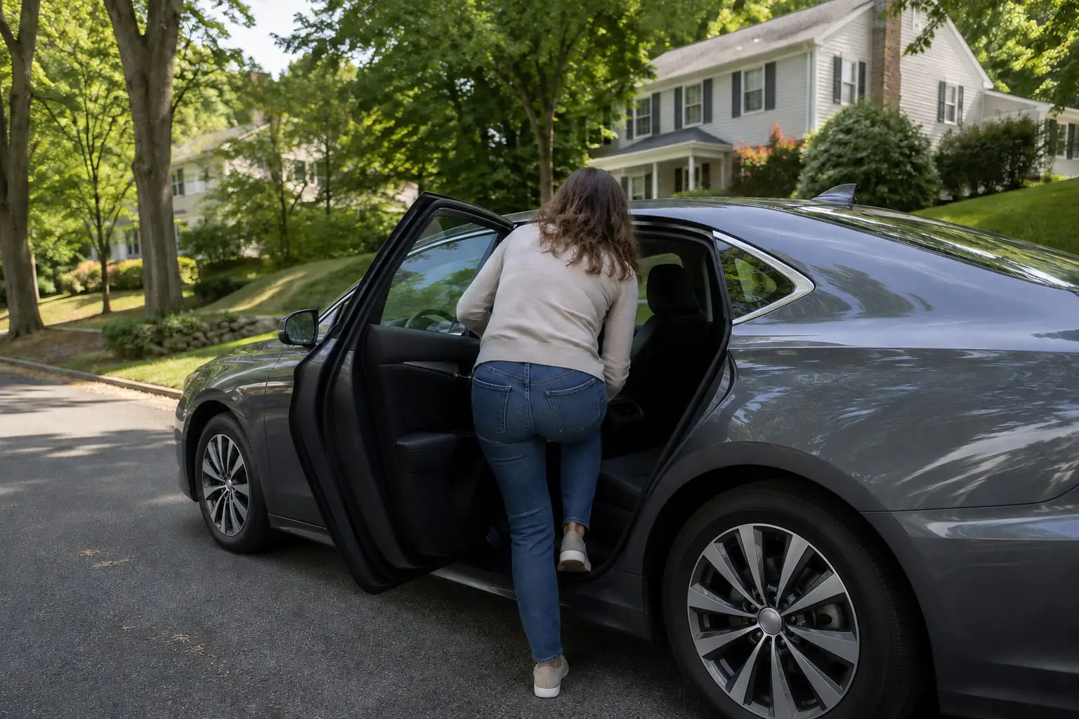 Passenger entering a sedan beside leafy suburban homes, illustrating a Rockland County NY rideshare pickup.