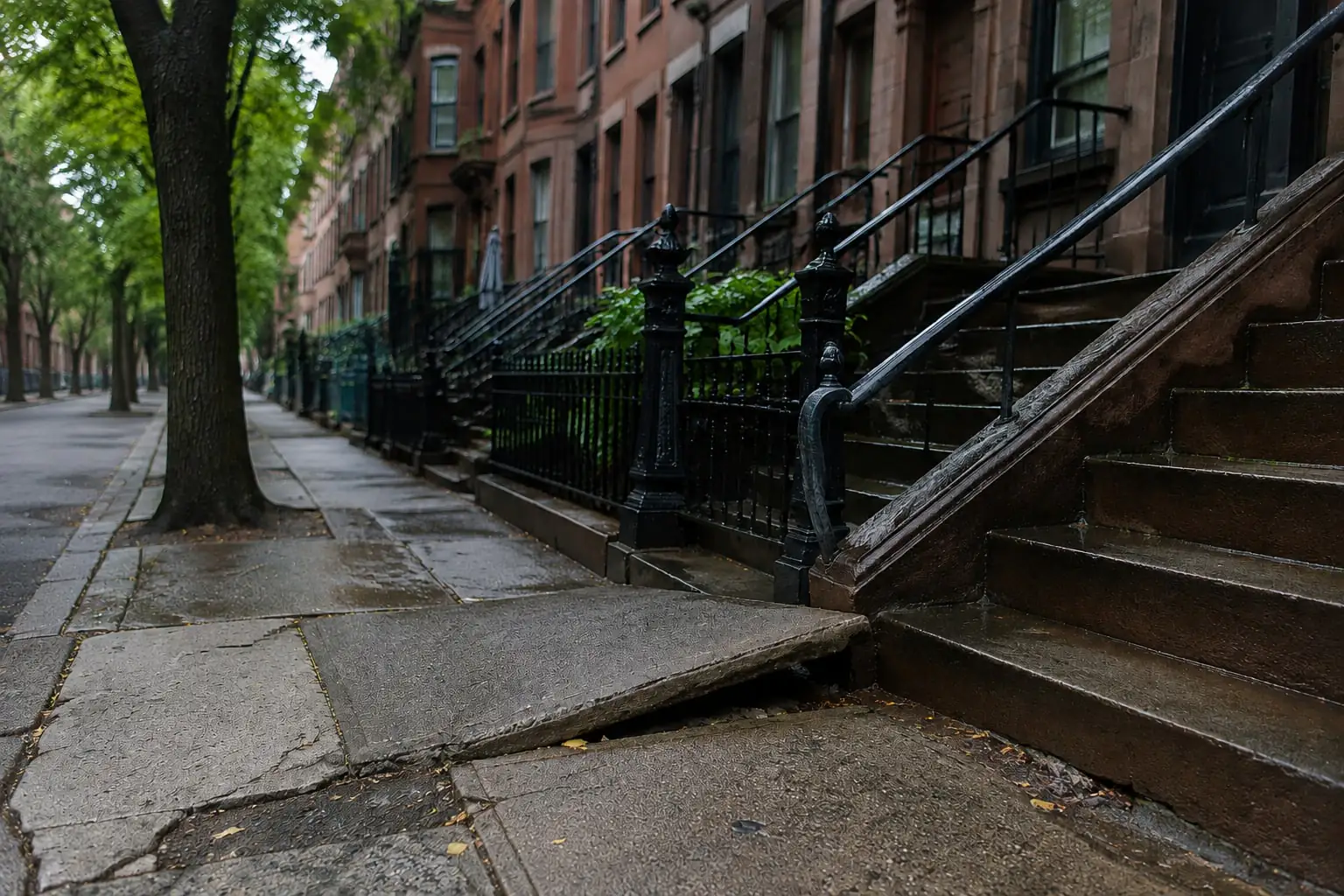 Displaced sidewalk slab beside damp brownstone steps, illustrating a Bedford-Stuyvesant NY fall hazard.
