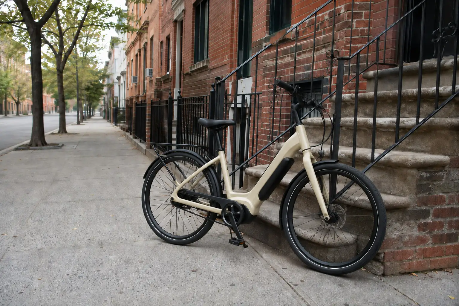 Electric-assist bicycle beside brick row houses and stoops, illustrating Bushwick NY.