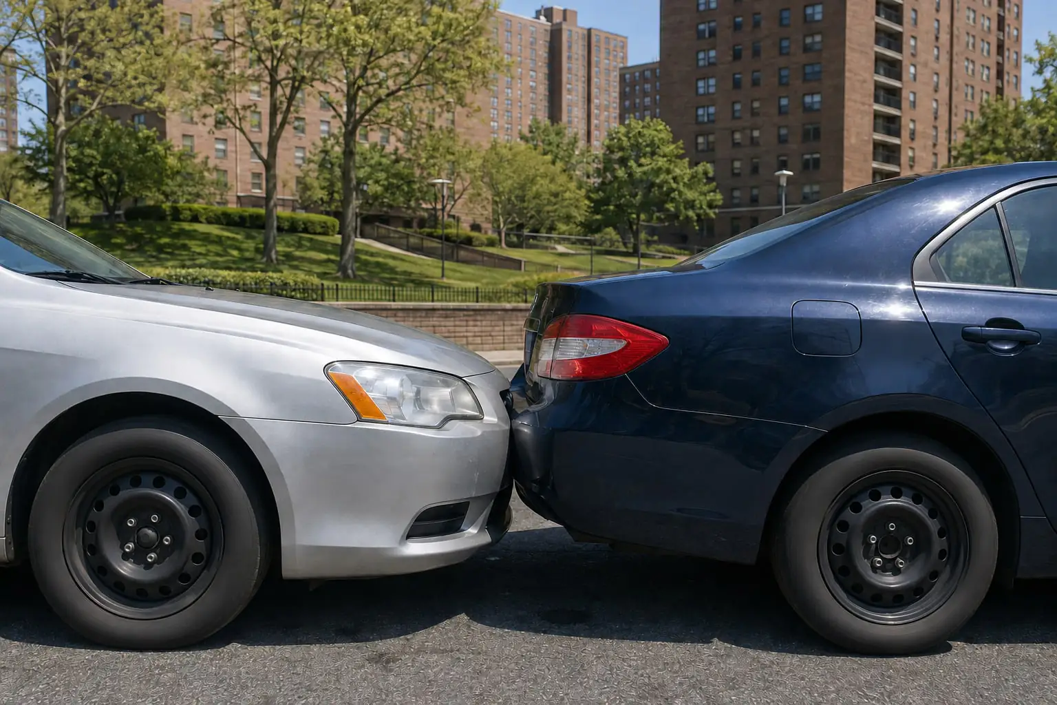 Two sedans after a rear-end collision beside apartment towers and lawns, illustrating a Co-op City NY car accident.