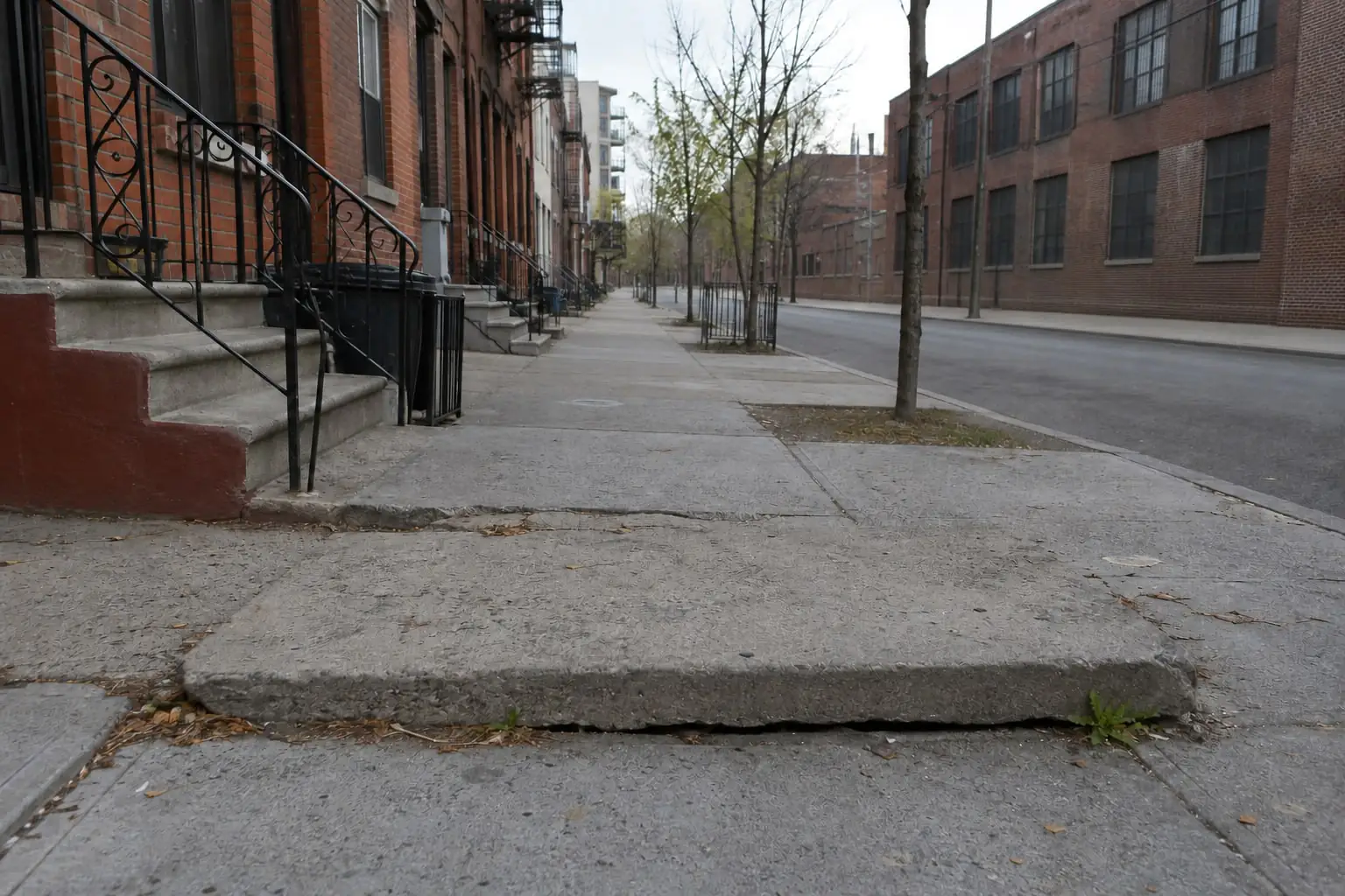 Uneven sidewalk slab beside brick row houses and an industrial facade, illustrating a Bushwick NY fall hazard.