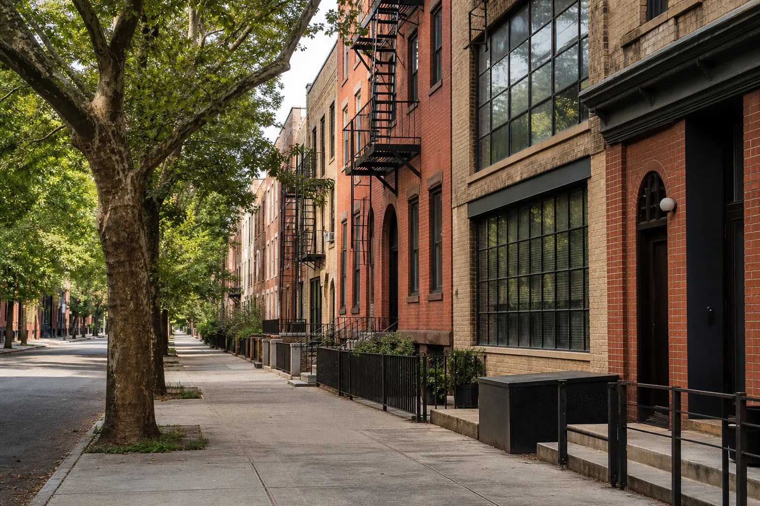 Bushwick NY brick streetscape with mature trees and mixed residential and light-industrial buildings
