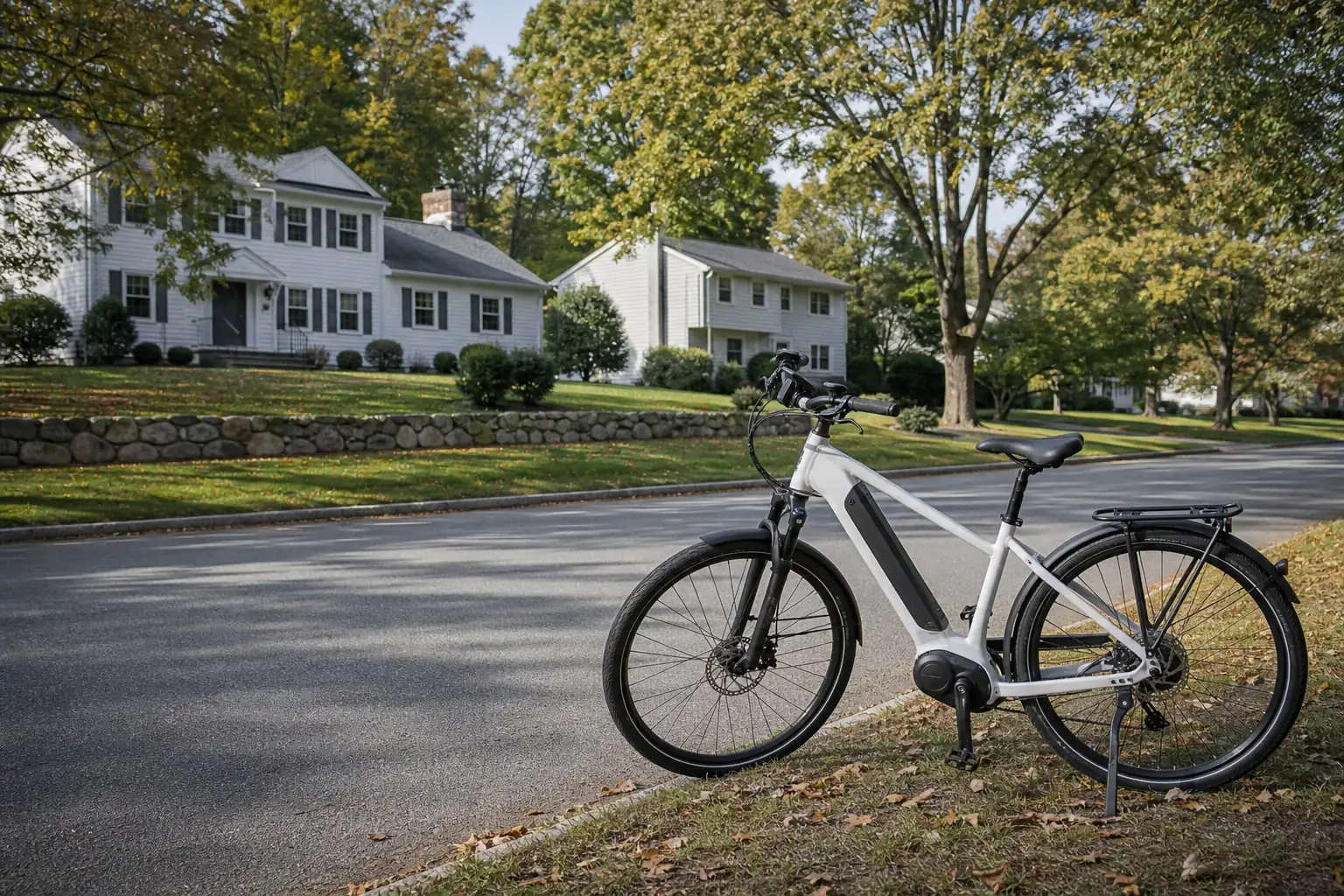 Electric-assist bicycle beside a leafy suburban street with colonial homes, illustrating Clarkstown NY.