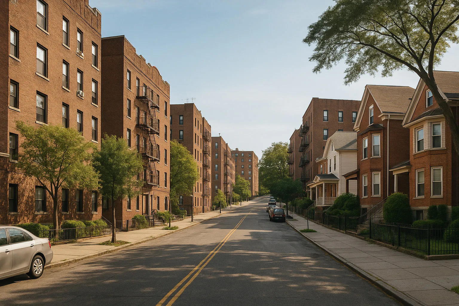 Fordham NY streetscape with locally characteristic architecture and neighborhood scenery