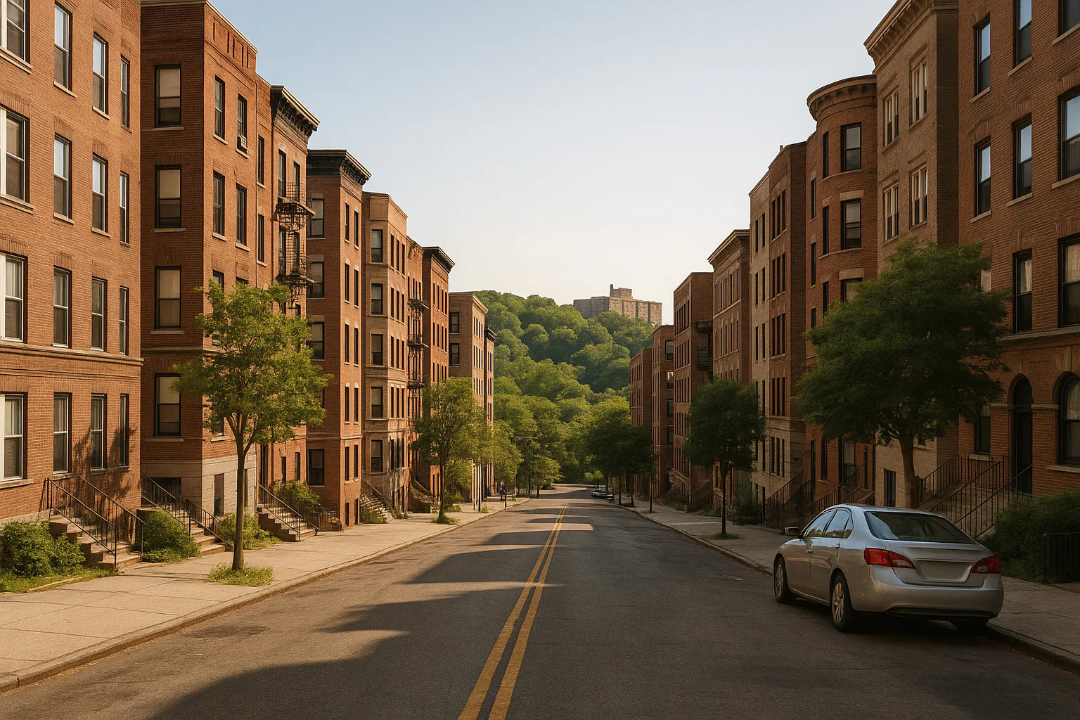 Kingsbridge NY streetscape with locally characteristic architecture and neighborhood scenery