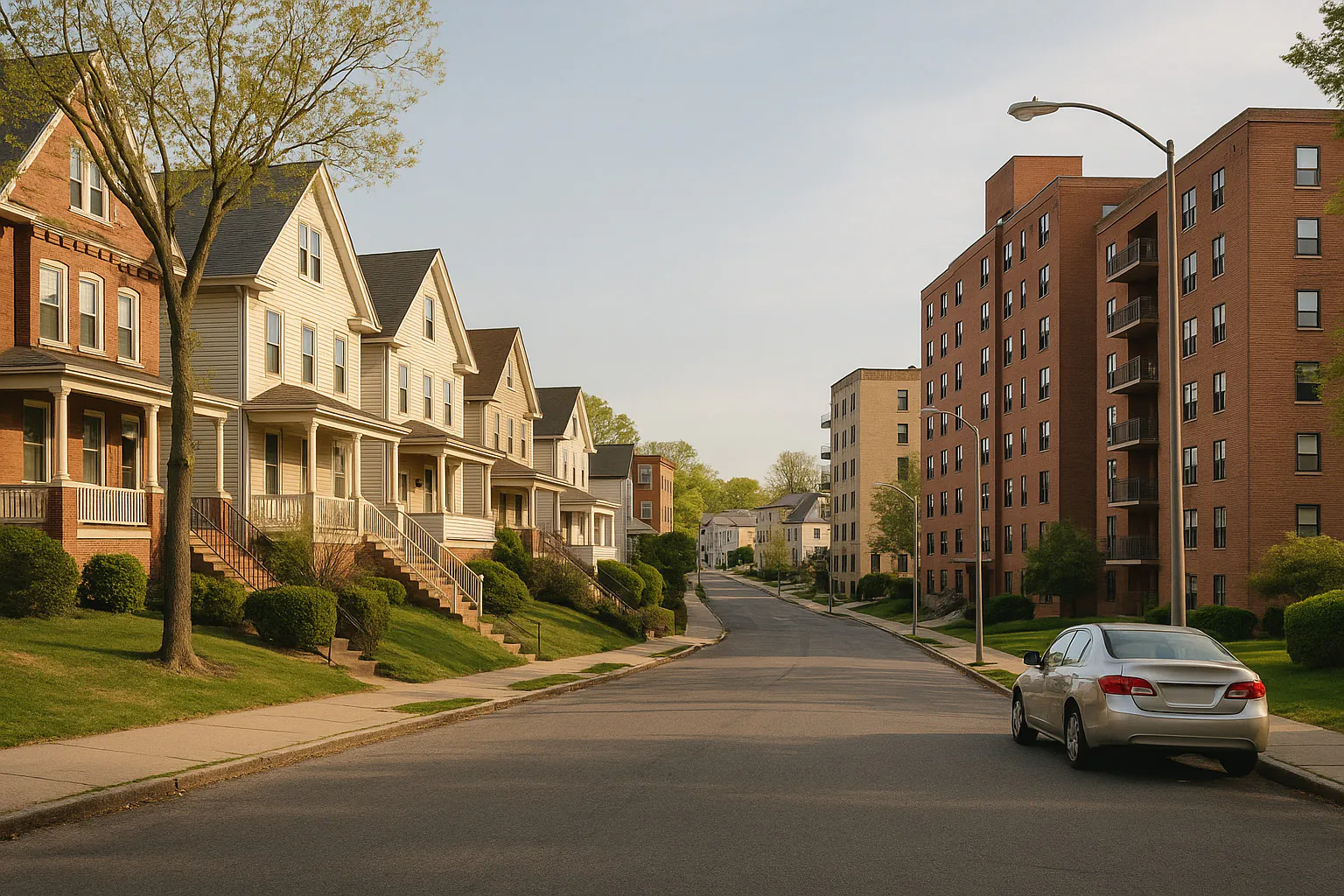 New Rochelle NY streetscape with locally characteristic architecture and neighborhood scenery