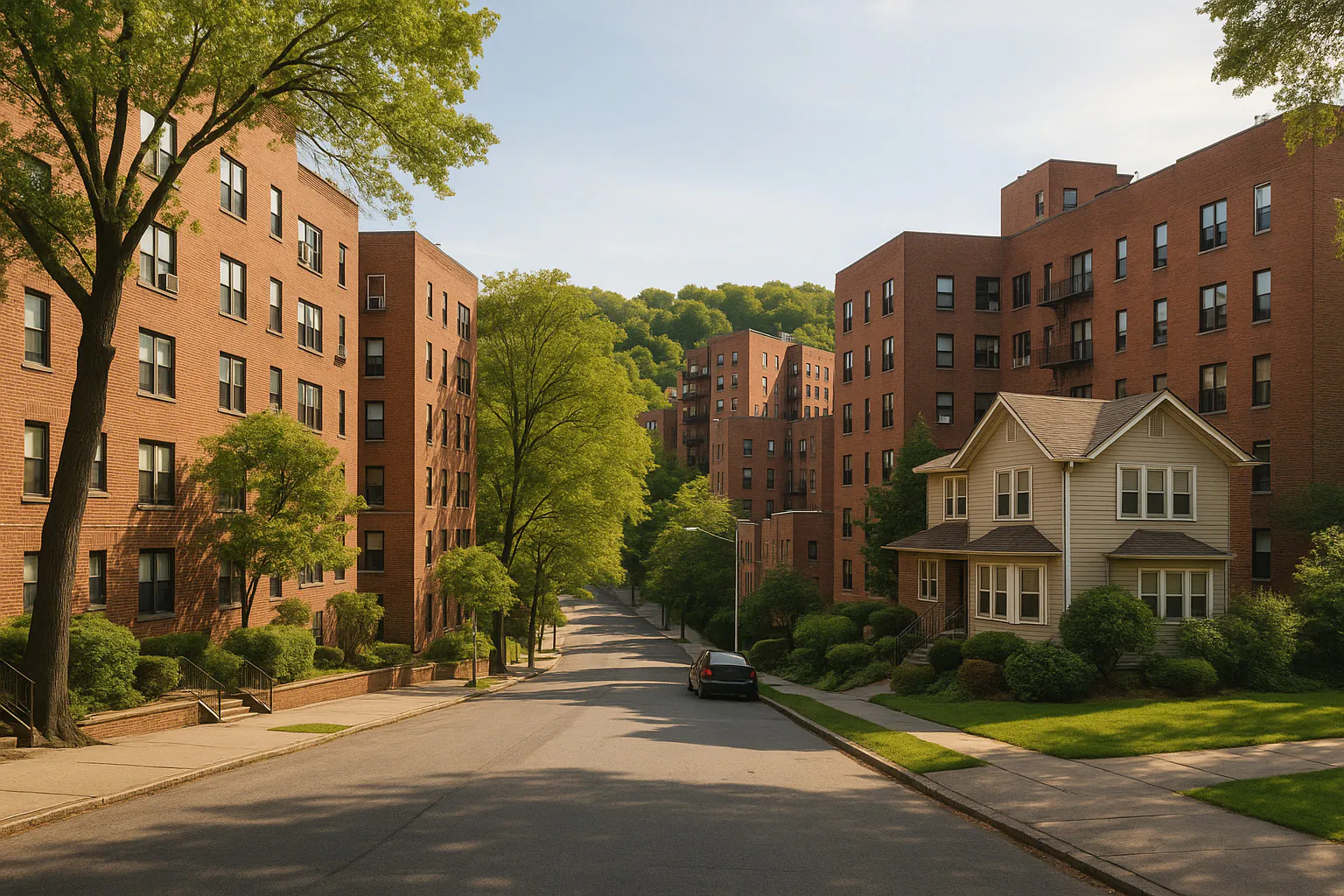 Riverdale NY streetscape with locally characteristic architecture and neighborhood scenery