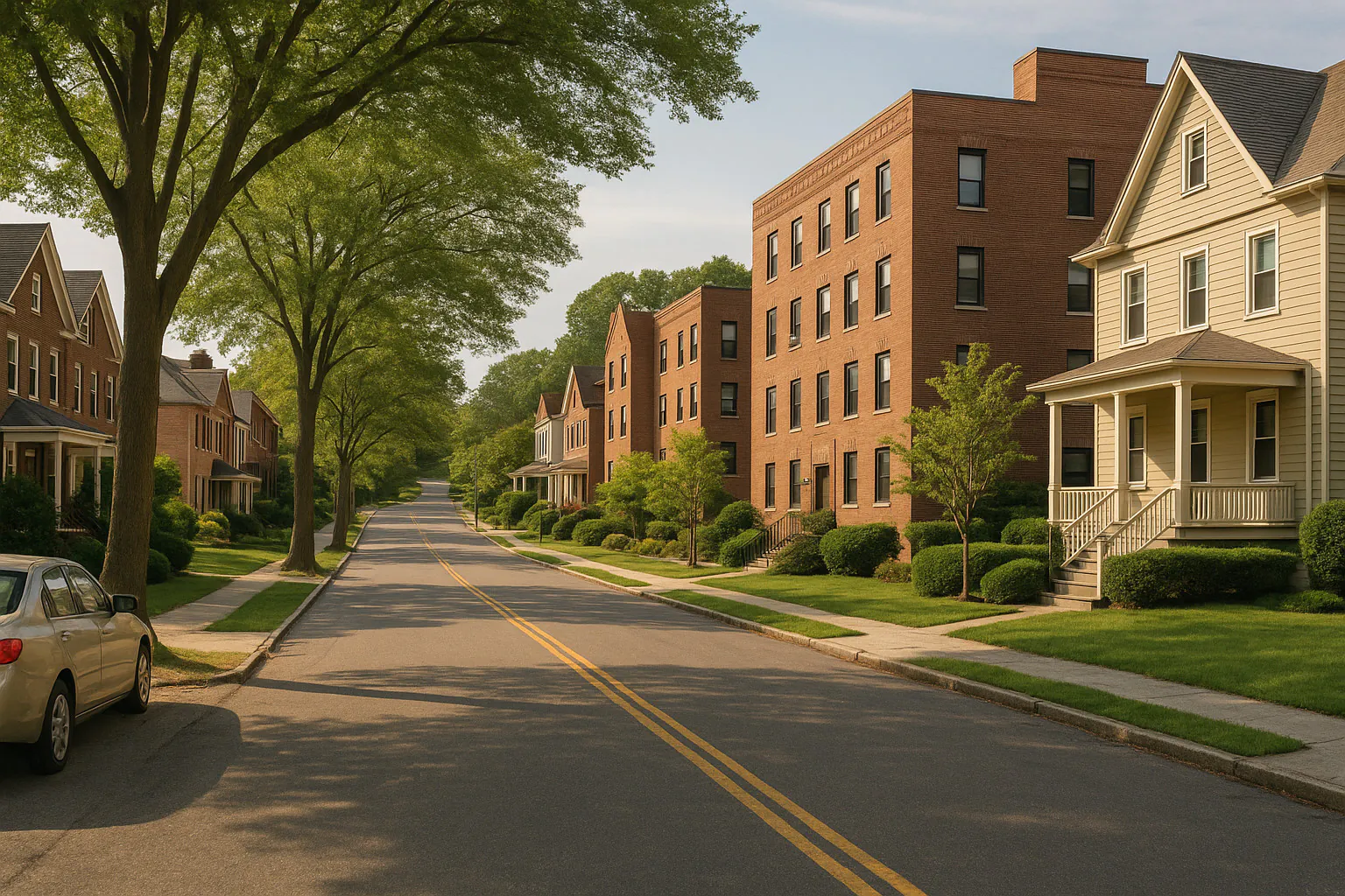 Westchester County NY streetscape with locally characteristic architecture and neighborhood scenery