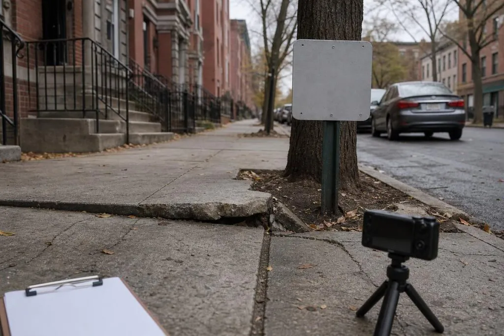 Low-angle view of a cracked, raised sidewalk slab near a street tree with a blank rectangular sign on a post, a parked car in the background, and a small camera