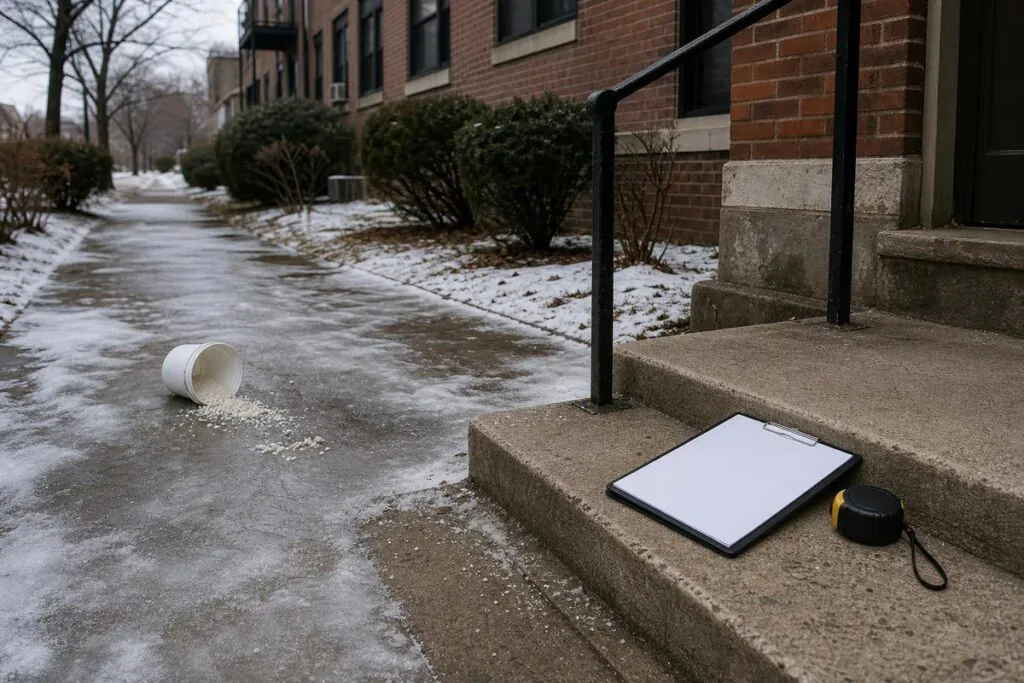 Icy sidewalk beside a brick apartment building with concrete steps and a black handrail; a tipped bucket spilled granular material on the ice, and a blank clipb