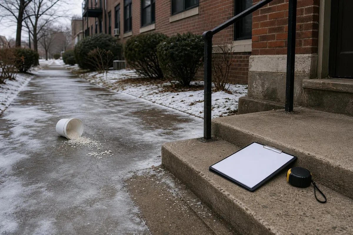 Icy sidewalk beside a brick apartment building with concrete steps and a black handrail; a tipped bucket spilled granular material on the ice, and a blank clipb