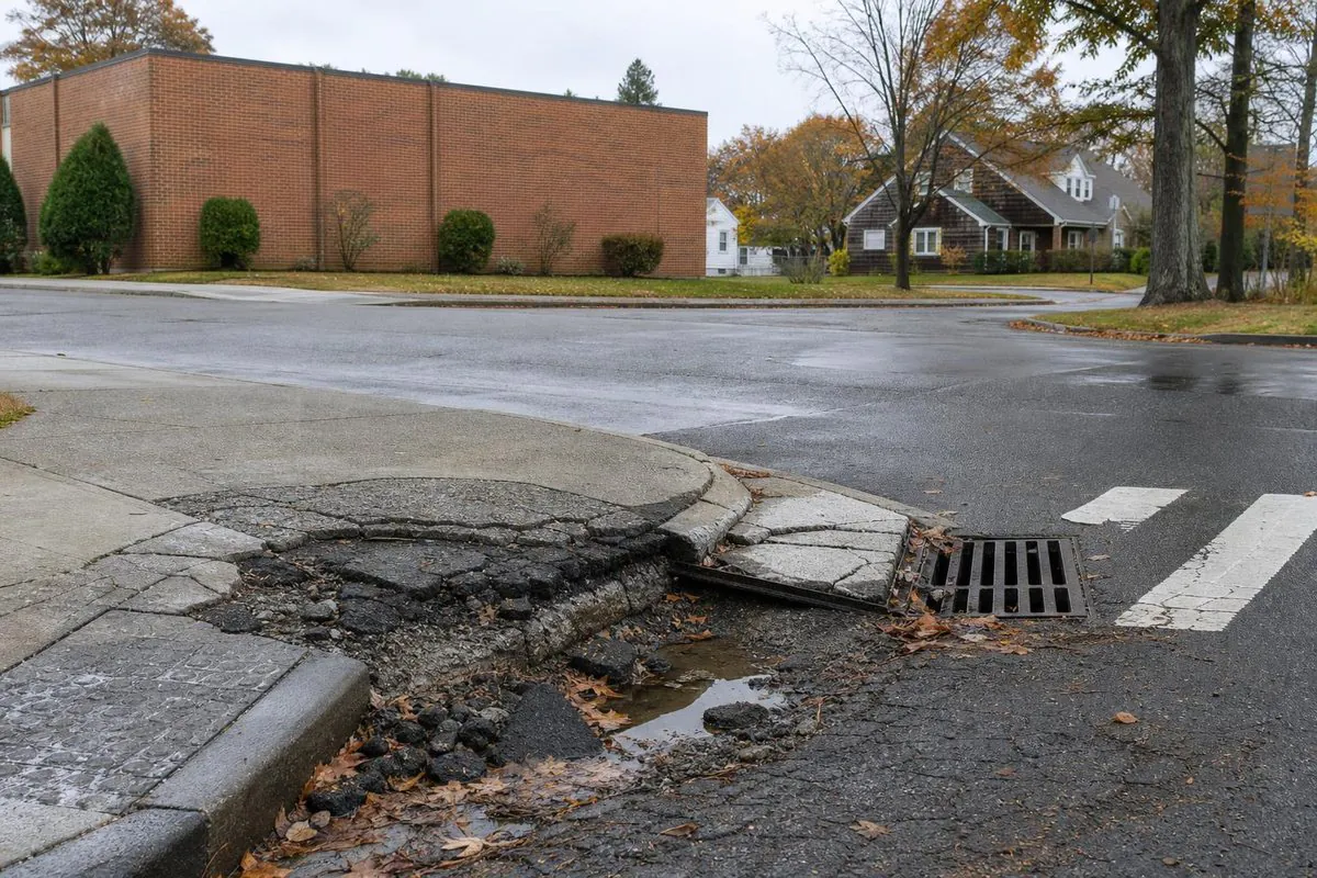 Street-corner view of a damaged curb ramp and broken asphalt around a storm drain at an intersection, with puddled water and fallen leaves; buildings and houses