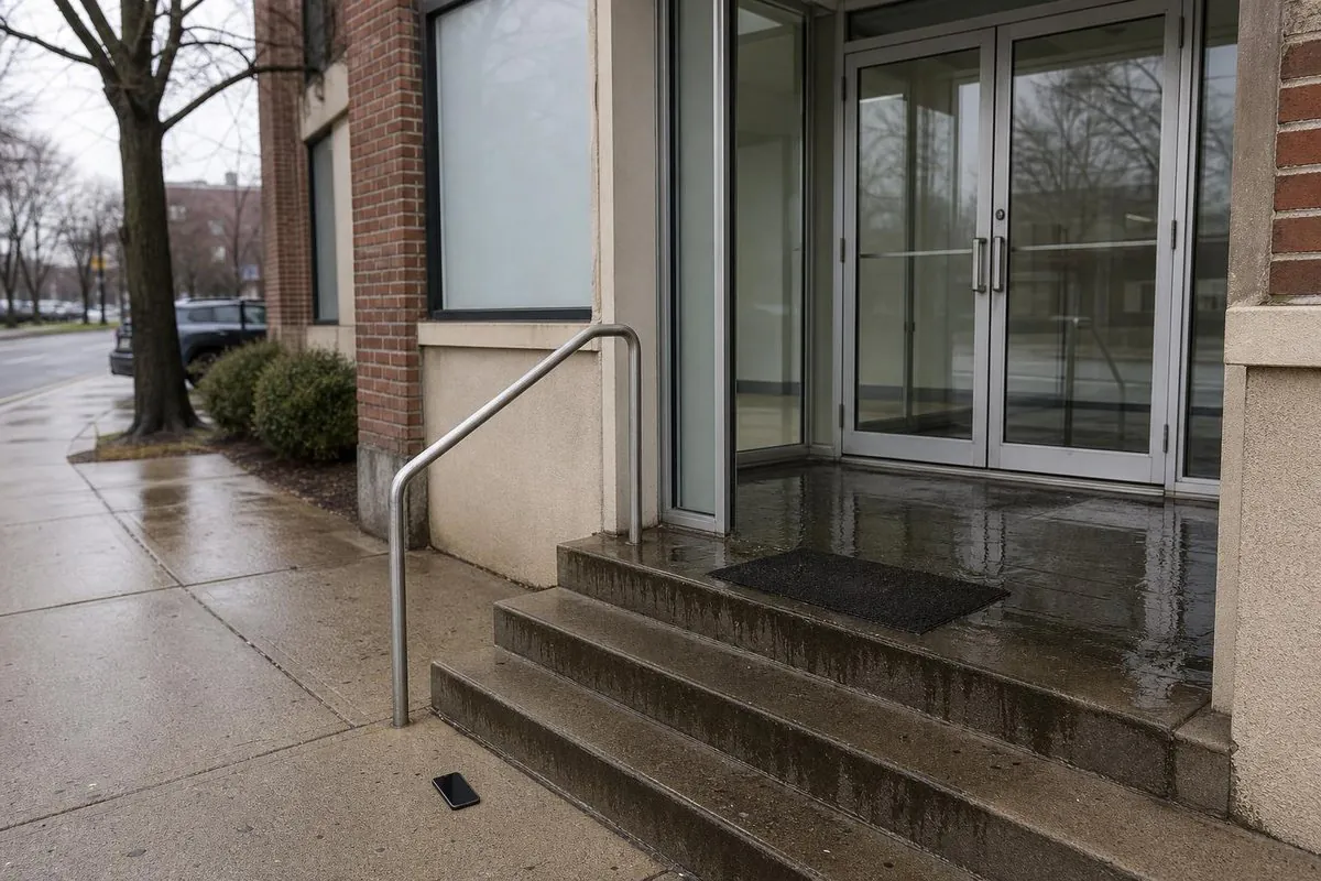Wet concrete steps and landing leading to glass double doors of a brick-and-stucco building, with a metal handrail and a damp sidewalk; a dark rectangular objec